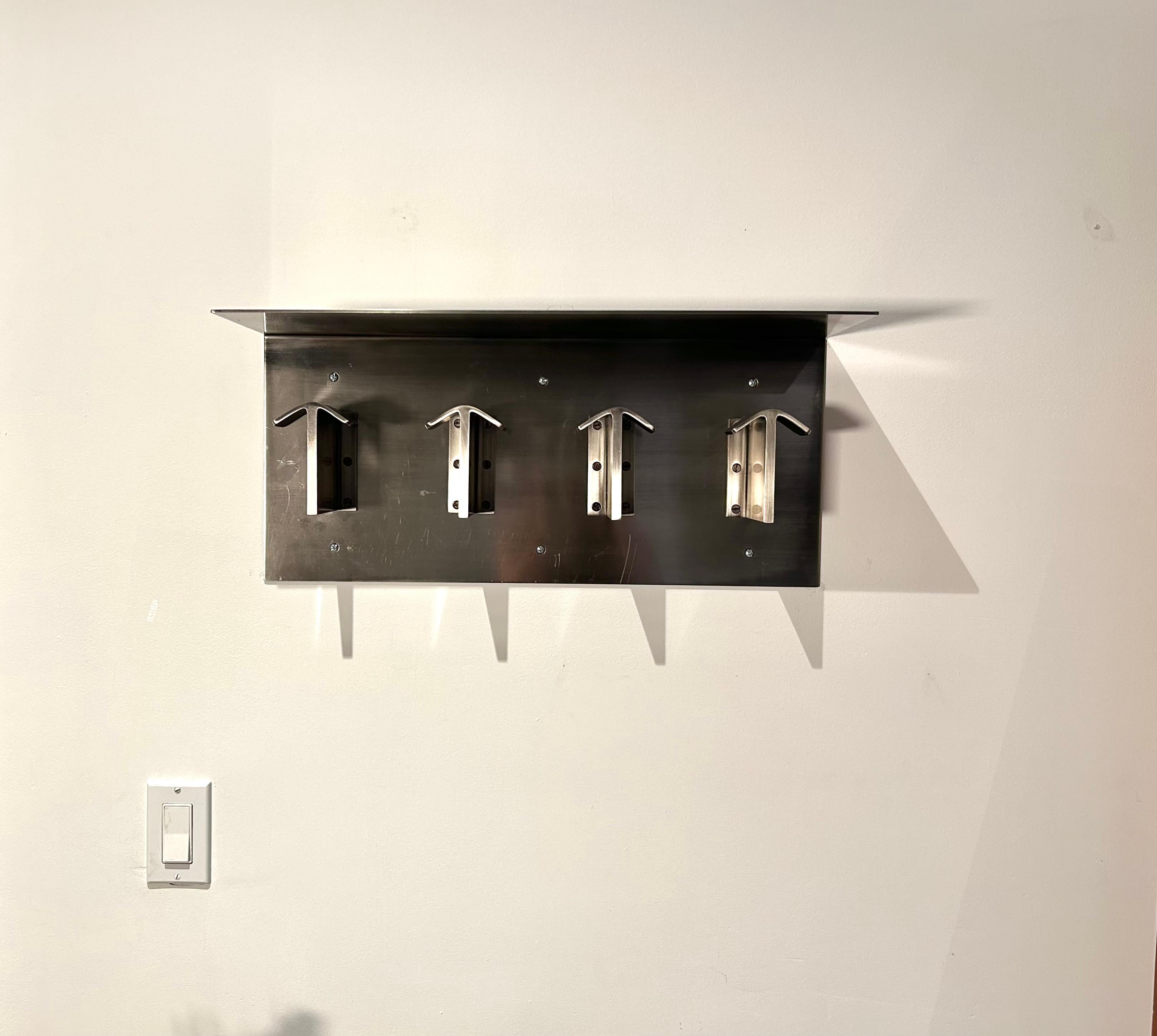 Modern Nickel Plated, Wall Mounted Coat and Hat Rack with Shelf For Sale