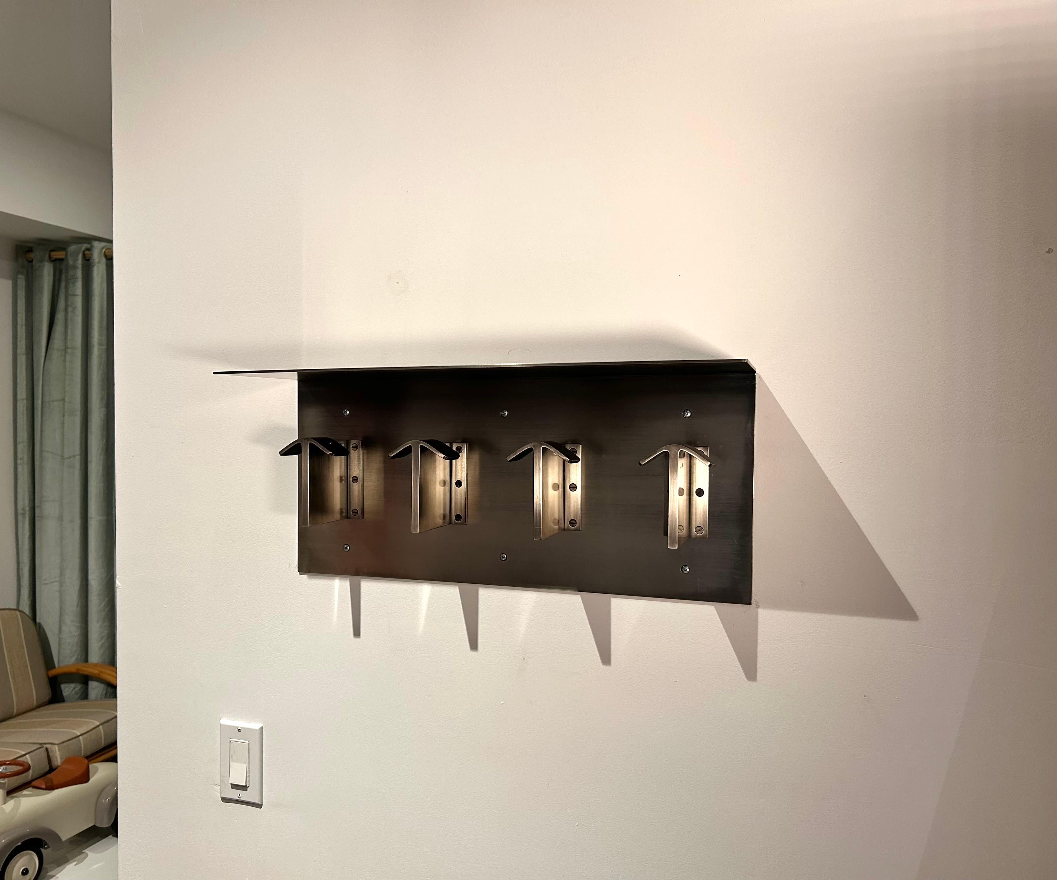 Brass Nickel Plated, Wall Mounted Coat and Hat Rack with Shelf For Sale