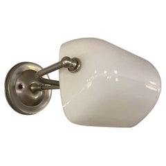 Vintage Nickel Plated White Milk Glass Banker Wall Lamp Sconce