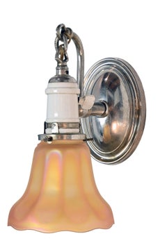 Nickel & Porcelain Sconce Pair with American Art Glass Shades "Carnival Glass"