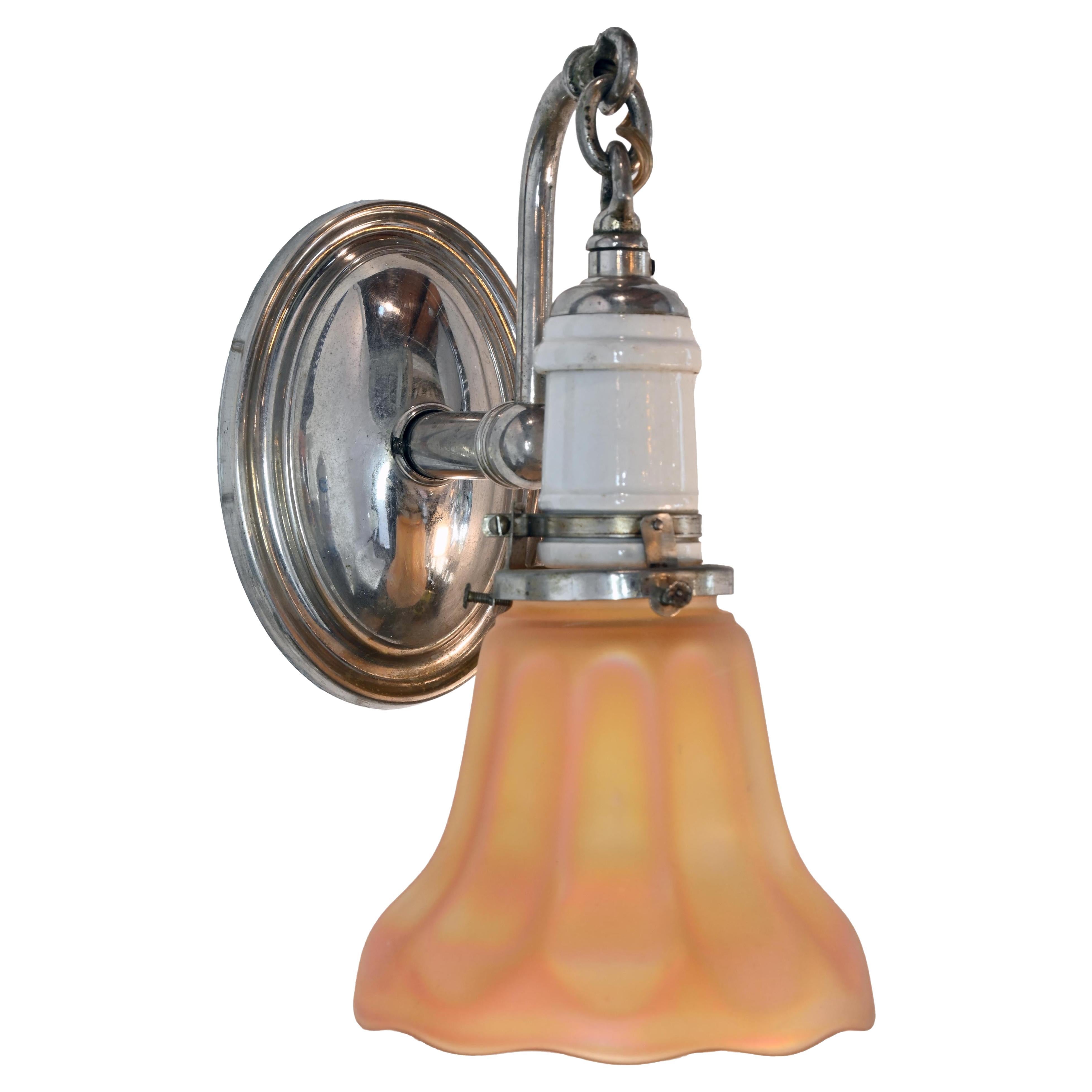 Nickel & Porcelain Sconce Pair with American Art Glass Shades "Carnival Glass" For Sale