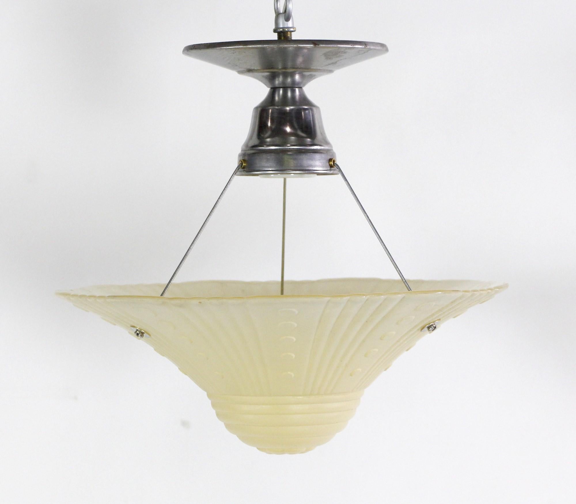 American Nickel Semi Flush Mount Light Art Deco Glass Shade Light For Sale