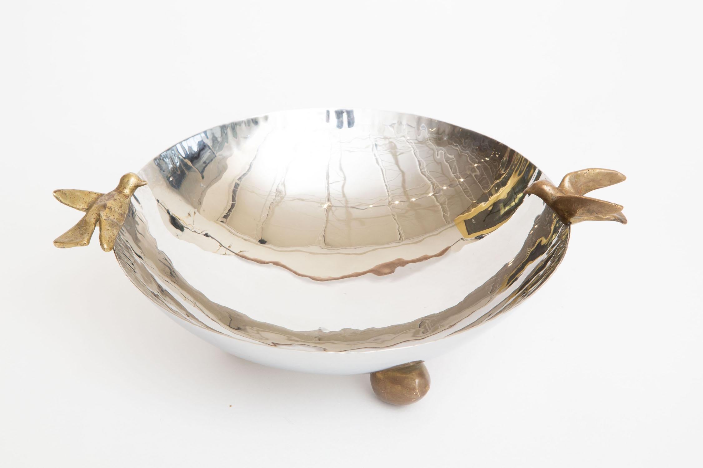 Modern Nickel Silver and Brass Dove Bowl with Brass Ball Feet