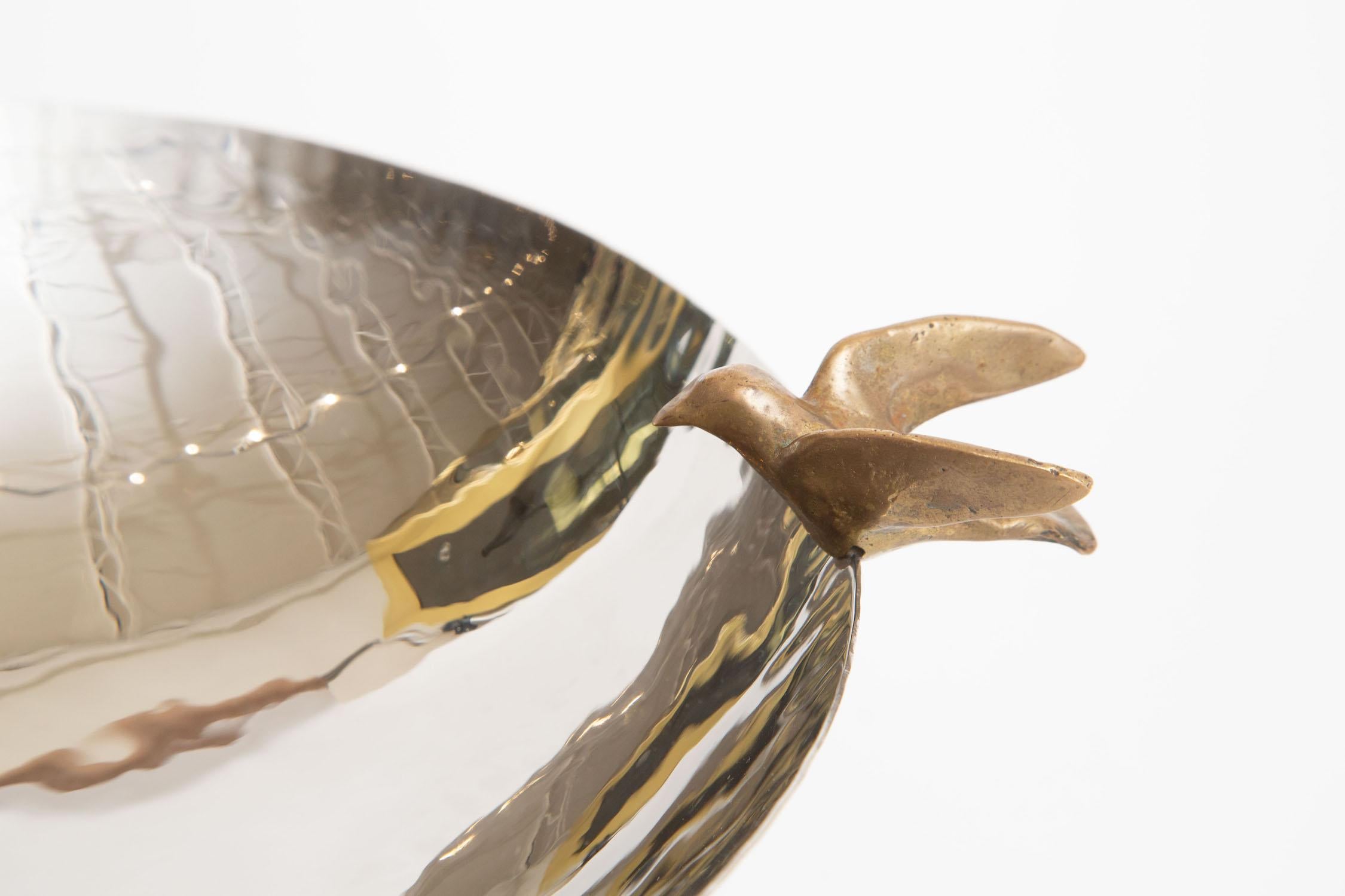 Late 20th Century Nickel Silver and Brass Dove Bowl with Brass Ball Feet