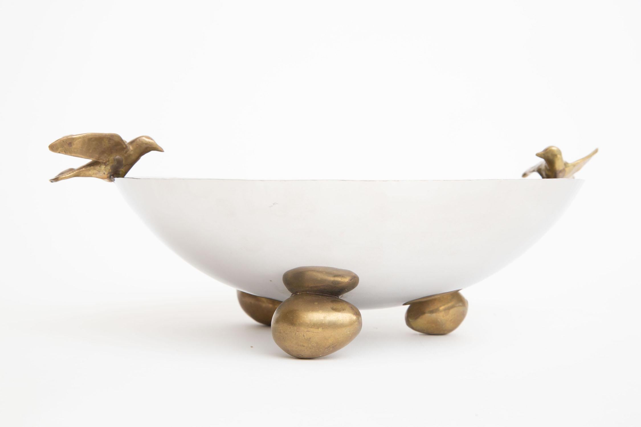 Nickel Silver and Brass Dove Bowl with Brass Ball Feet 3