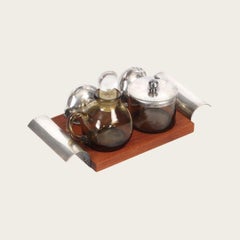 Nickel Silver and Teak Condiment Set and Tray by GAB Sweden