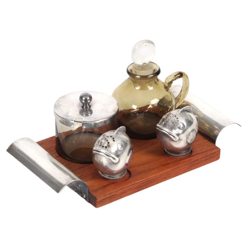 Set de condiments et plateau en maillechort et teck par GAB Sweden