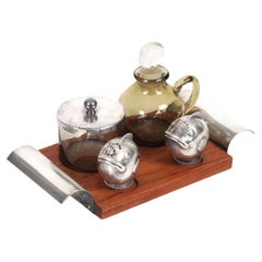 Nickel Silver and Teak Condiment Set and Tray by GAB Sweden Nickel Silver and Teak Condiment Set and Tray by GAB Sweden