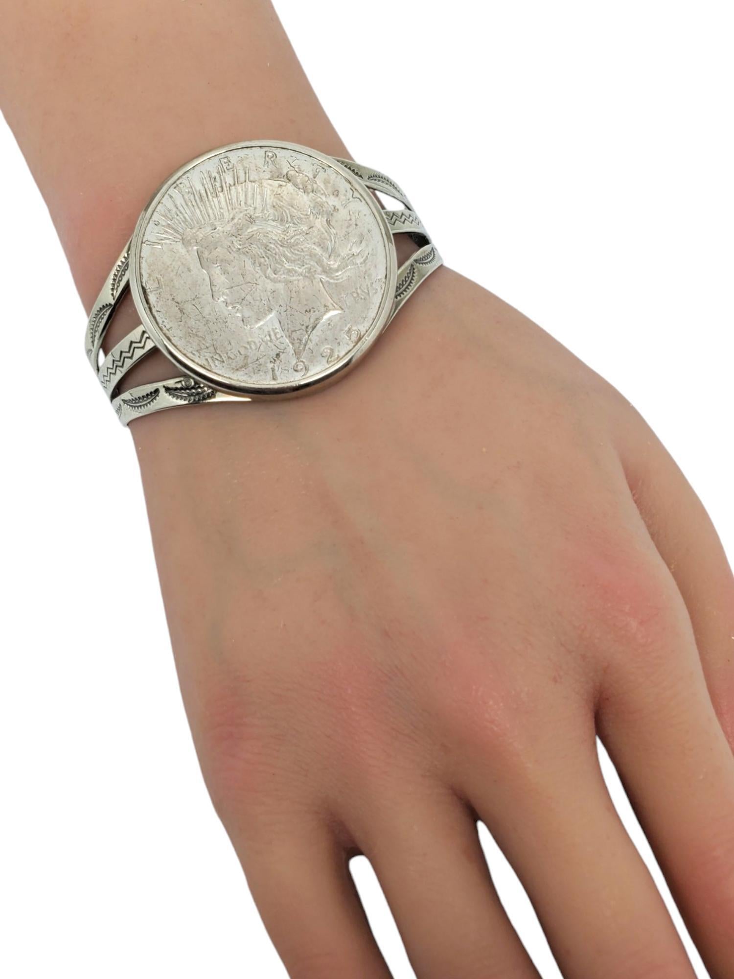 Women's or Men's Nickel Silver Bell 1925 Silver Peace Dollar Cuff Bracelet #17649 For Sale