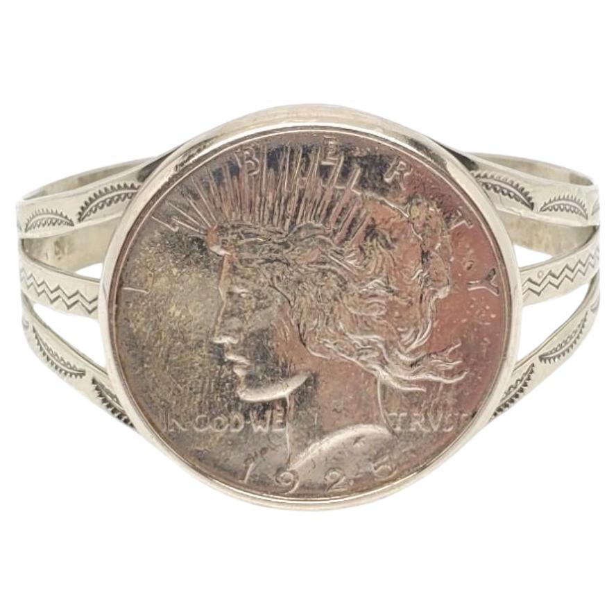 Nickel Silver Bell 1925 Silver Peace Dollar Cuff Bracelet #17649 For Sale