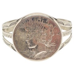 Antique Nickel Silver Bell 1925 Silver Peace Dollar Cuff Bracelet #17649