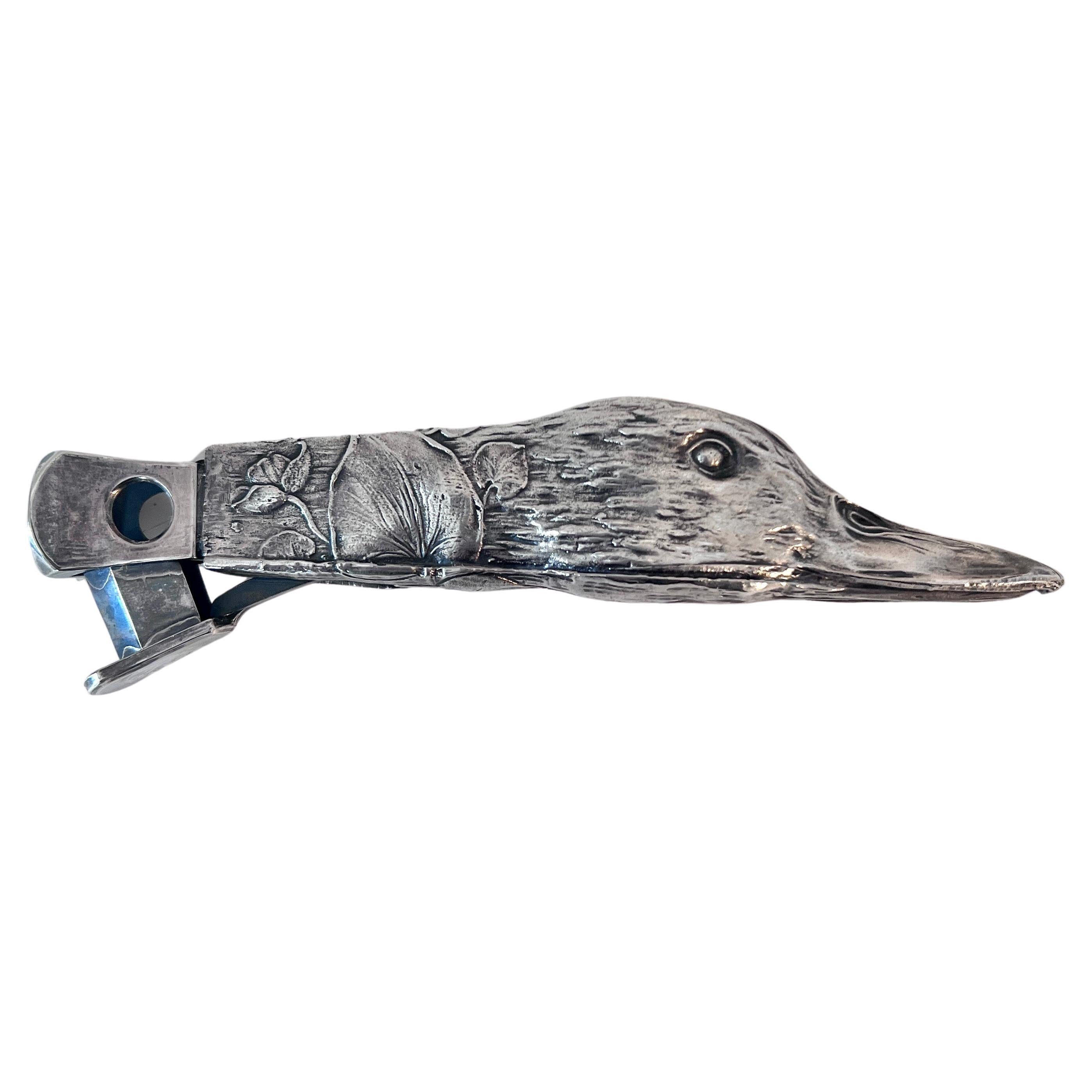 Nickel Silver Cigar, Cigarette or 420 Cutter in the form of a Repoussé Duck  For Sale