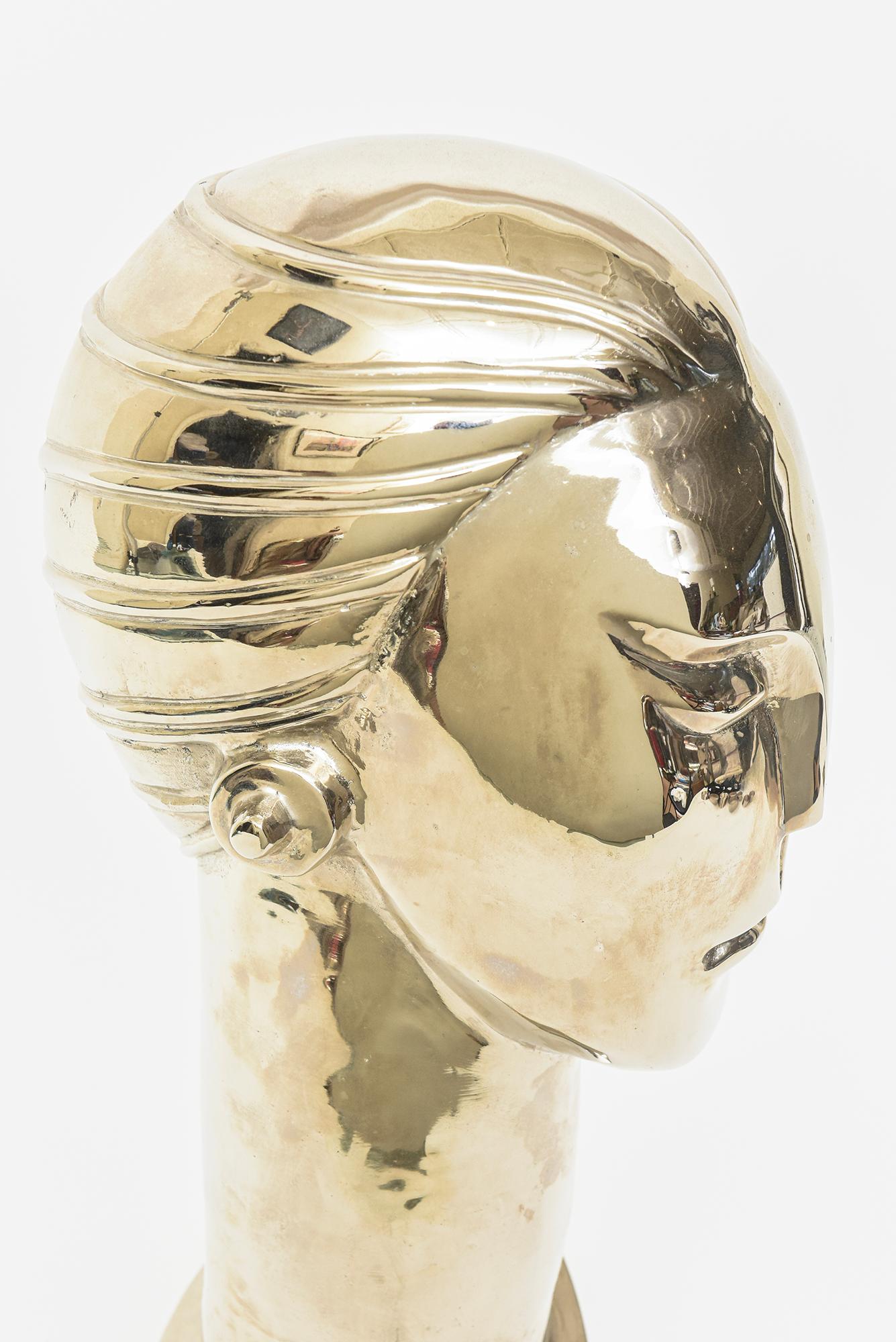 Nickel Silver Over Brass Art Deco Stylized Tall Head Bust Figurative Sculpture  For Sale 7