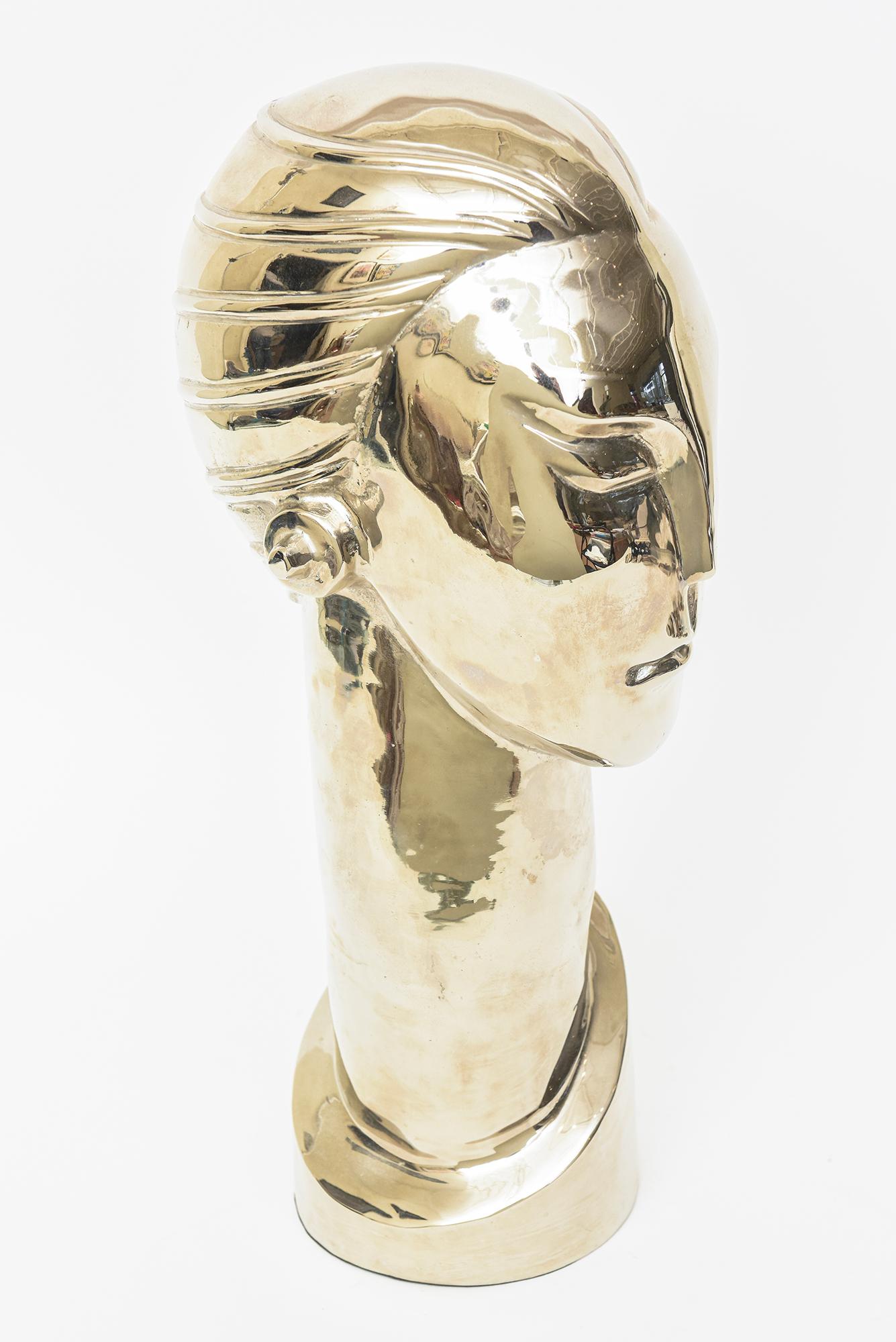 Late 20th Century Nickel Silver Over Brass Art Deco Stylized Tall Head Bust Figurative Sculpture  For Sale