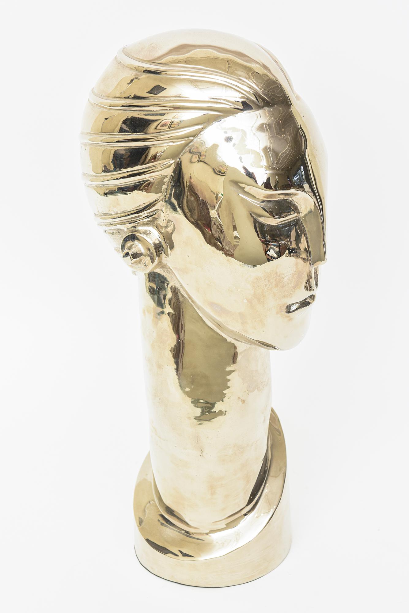 Nickel Silver Over Brass Art Deco Stylized Tall Head Bust Figurative Sculpture In Good Condition In North Miami, FL