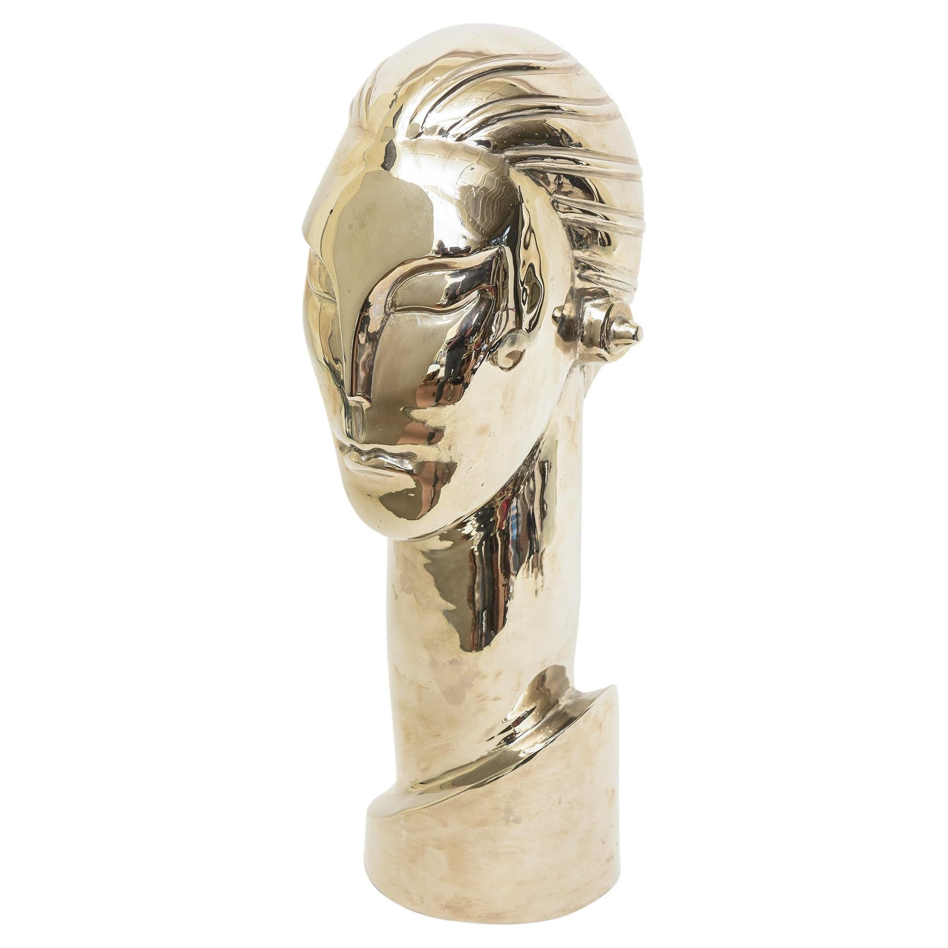 Nickel Silver Over Brass Art Deco Stylized Tall Head Bust Figurative Sculpture 
