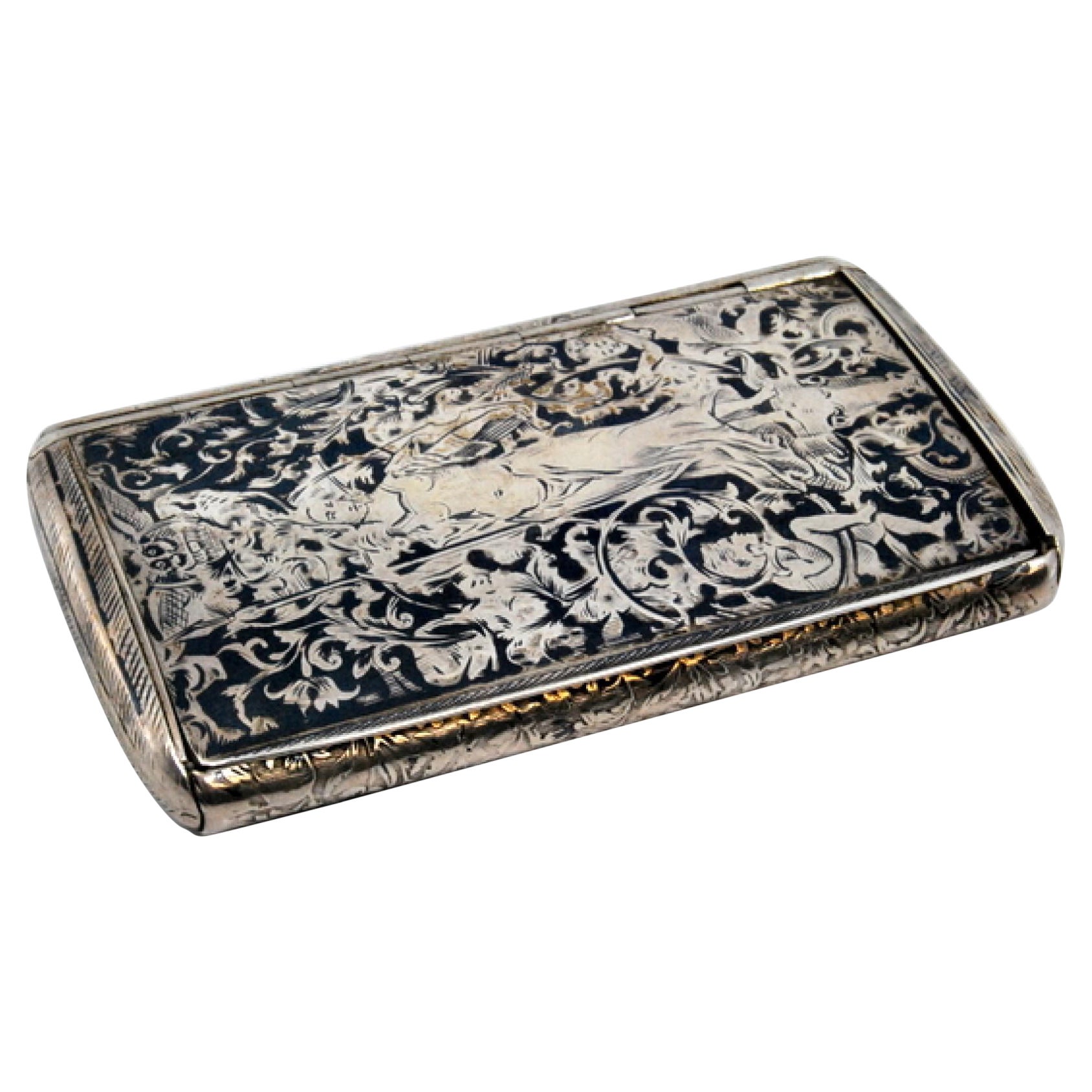 Nickel-silver snuff box with engraved paradise scene and gold interior