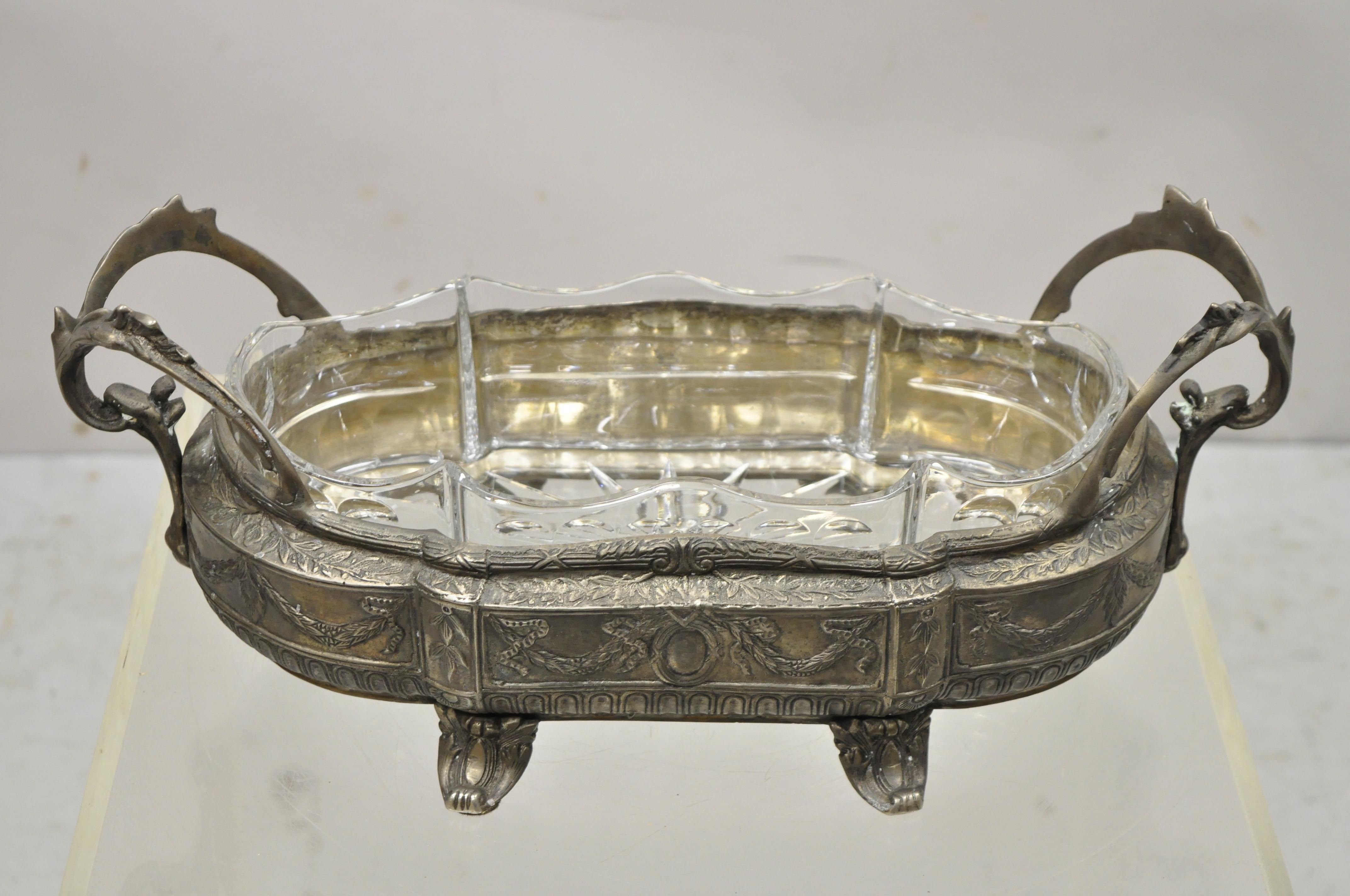 Nickel Silverplate French Louis XVI Style Centerpiece Bowl Dish Planter with Drape Design. Item features removable crystal glass insert, drape design, ornate twin handles, great style and form. Circa late 20th - early 21st century. Measurements: