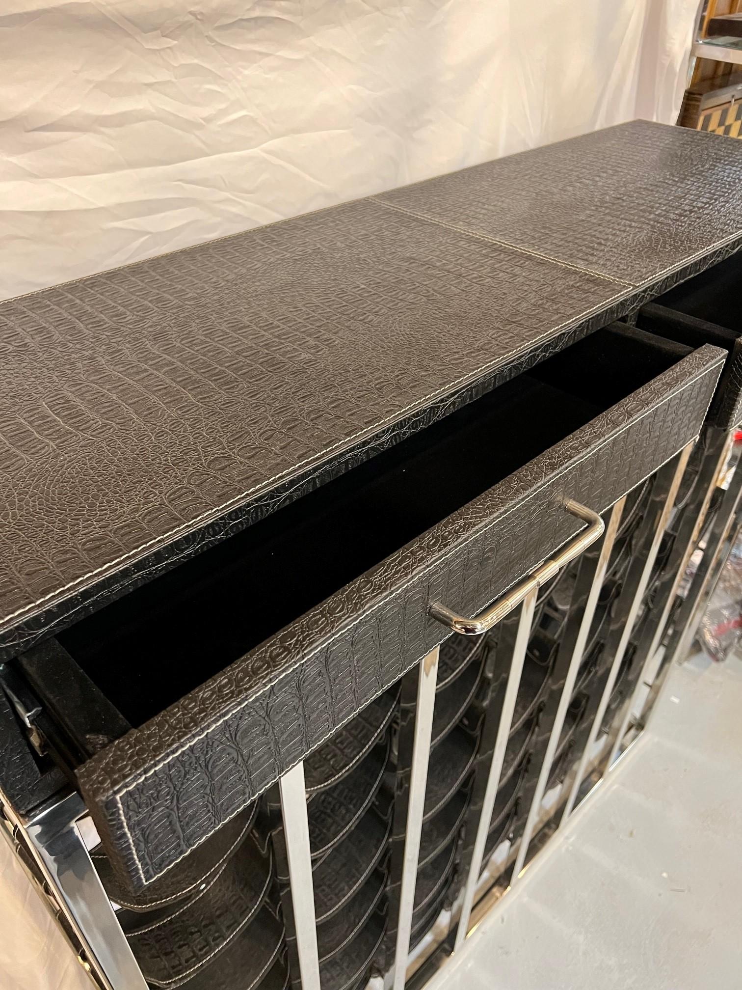 Nickel Wine Rack Console with Leather Saddles for 49 Bottles and Two Drawers 3