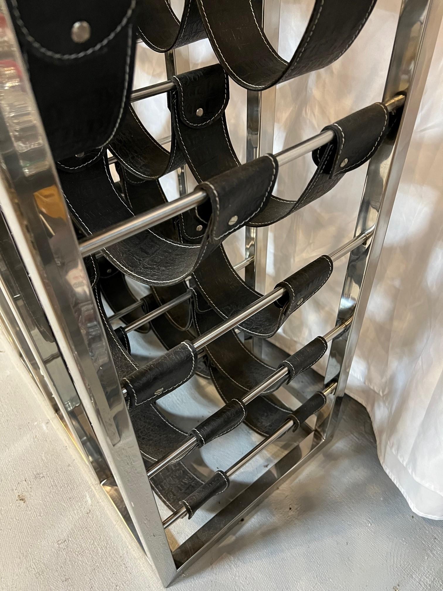 Nickel Wine Rack Console with Leather Saddles for 49 Bottles and Two Drawers For Sale 6