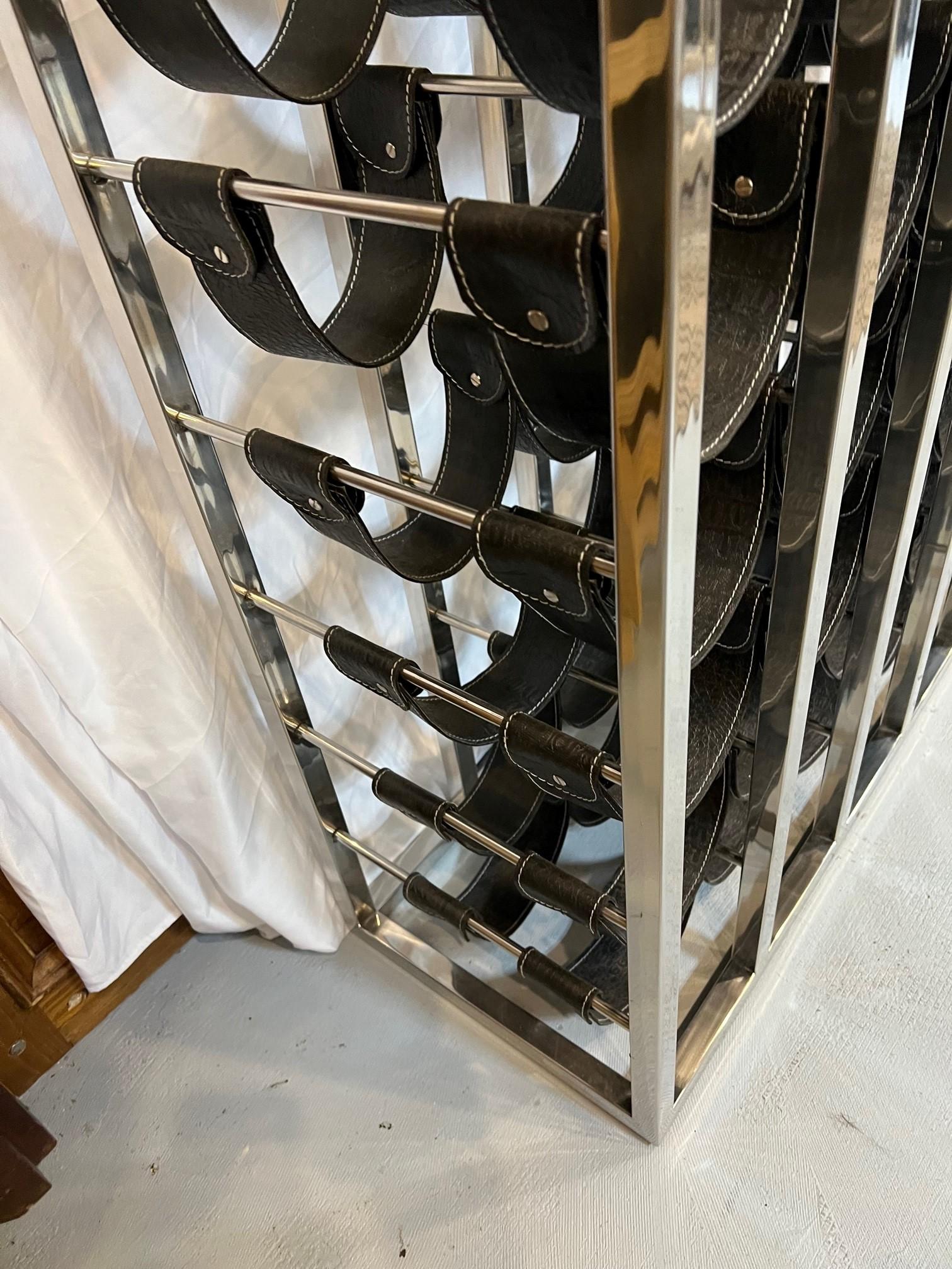 Nickel Wine Rack Console with Leather Saddles for 49 Bottles and Two Drawers For Sale 8