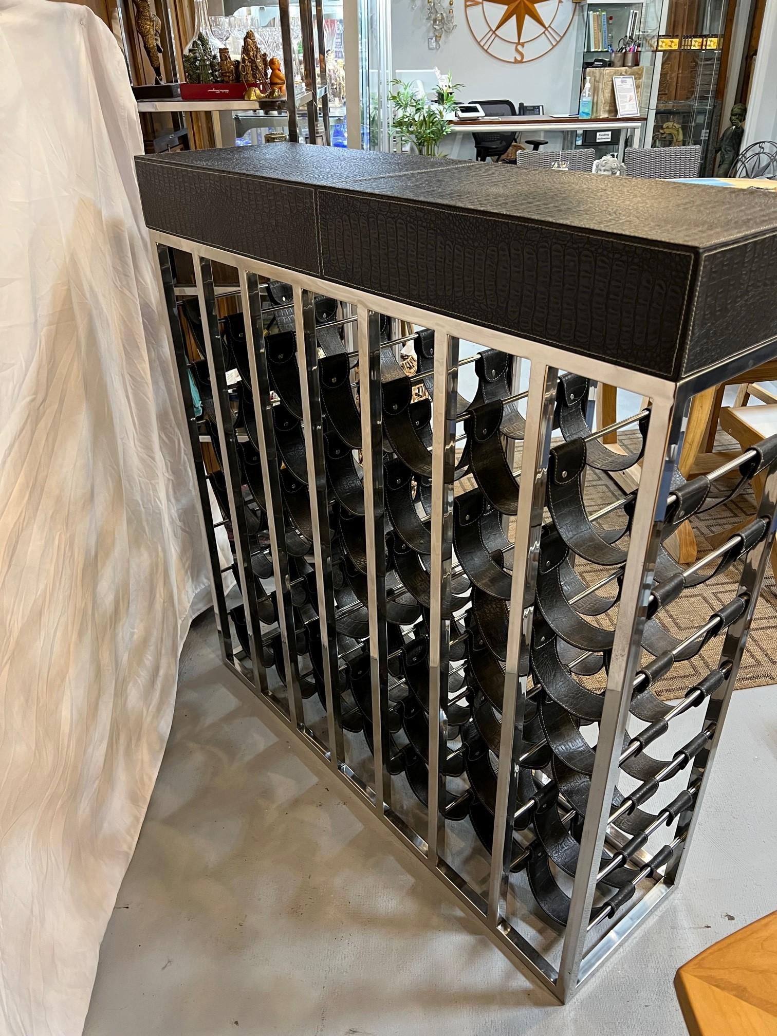Nickel Wine Rack Console with Leather Saddles for 49 Bottles and Two Drawers For Sale 9