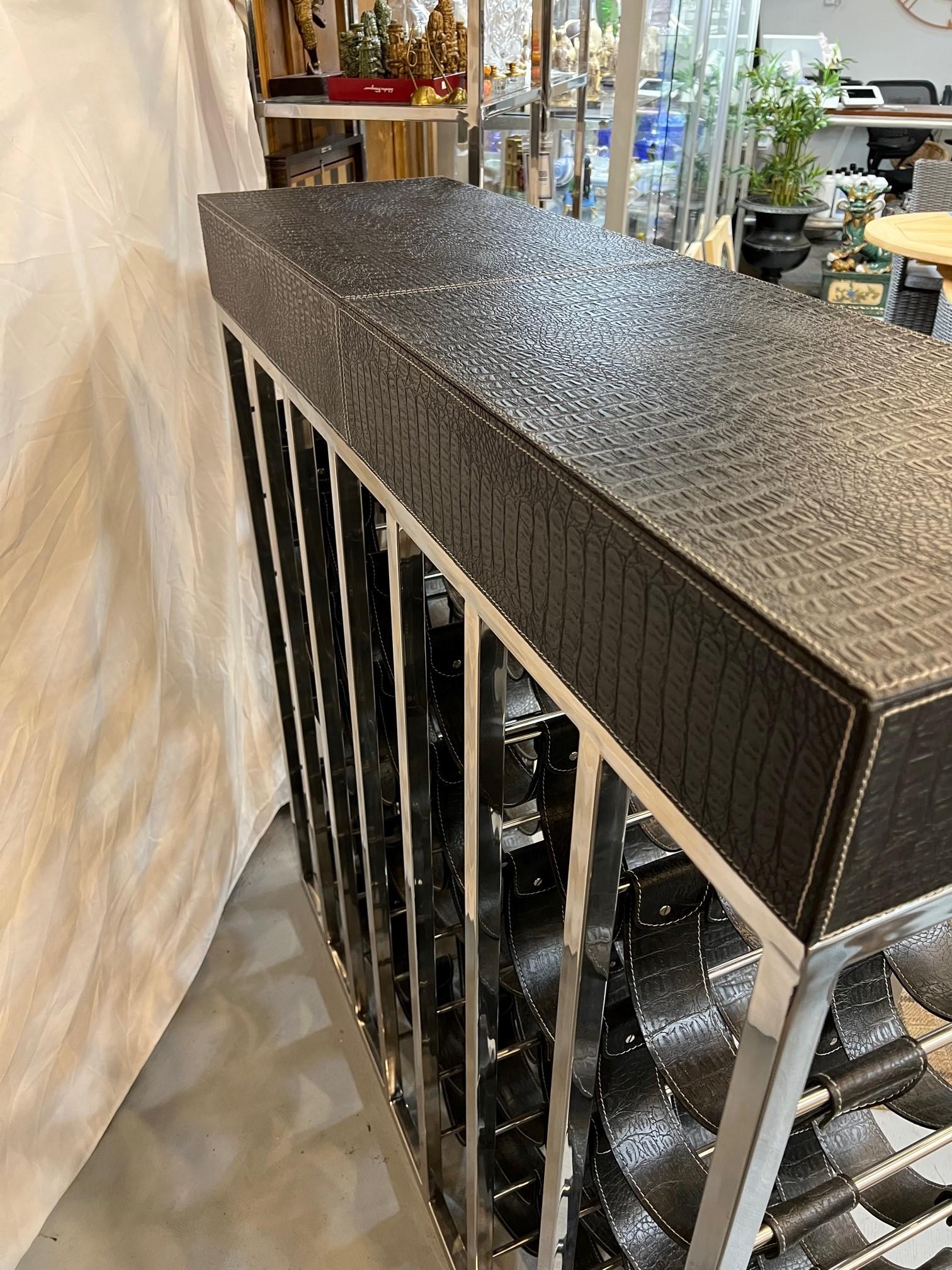 Nickel Wine Rack Console with Leather Saddles for 49 Bottles and Two Drawers 9