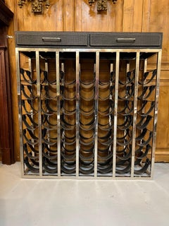 Nickel Wine Rack Console with Leather Saddles for 49 Bottles and Two Drawers