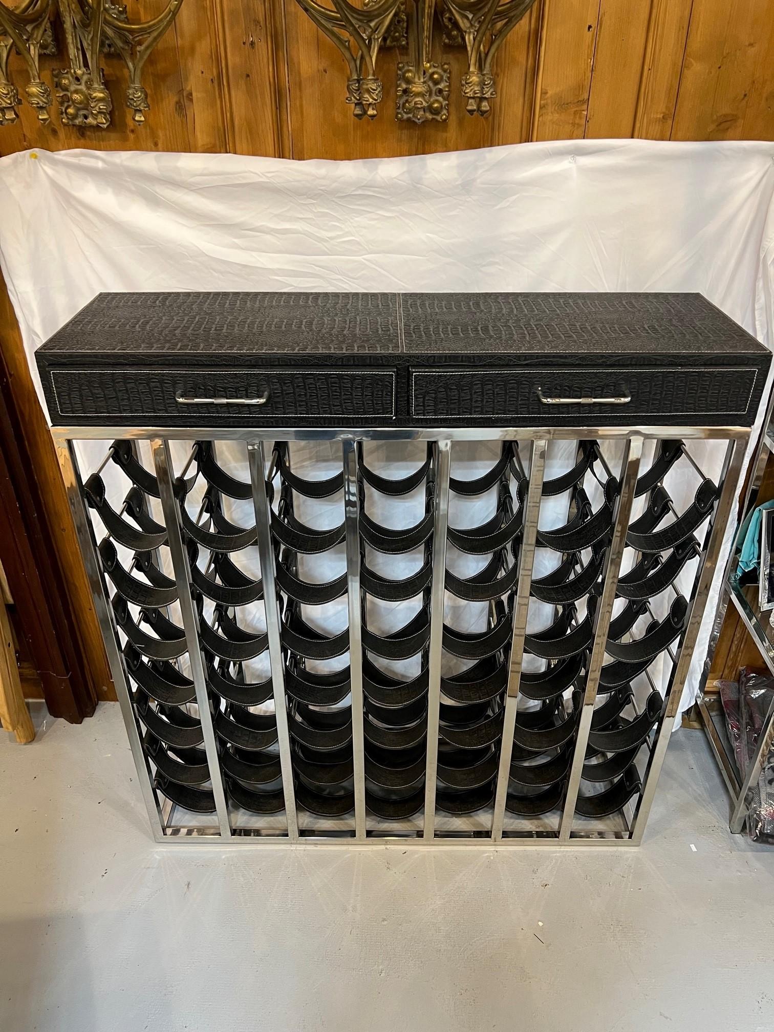 Indian Nickel Wine Rack Console with Leather Saddles for 49 Bottles and Two Drawers