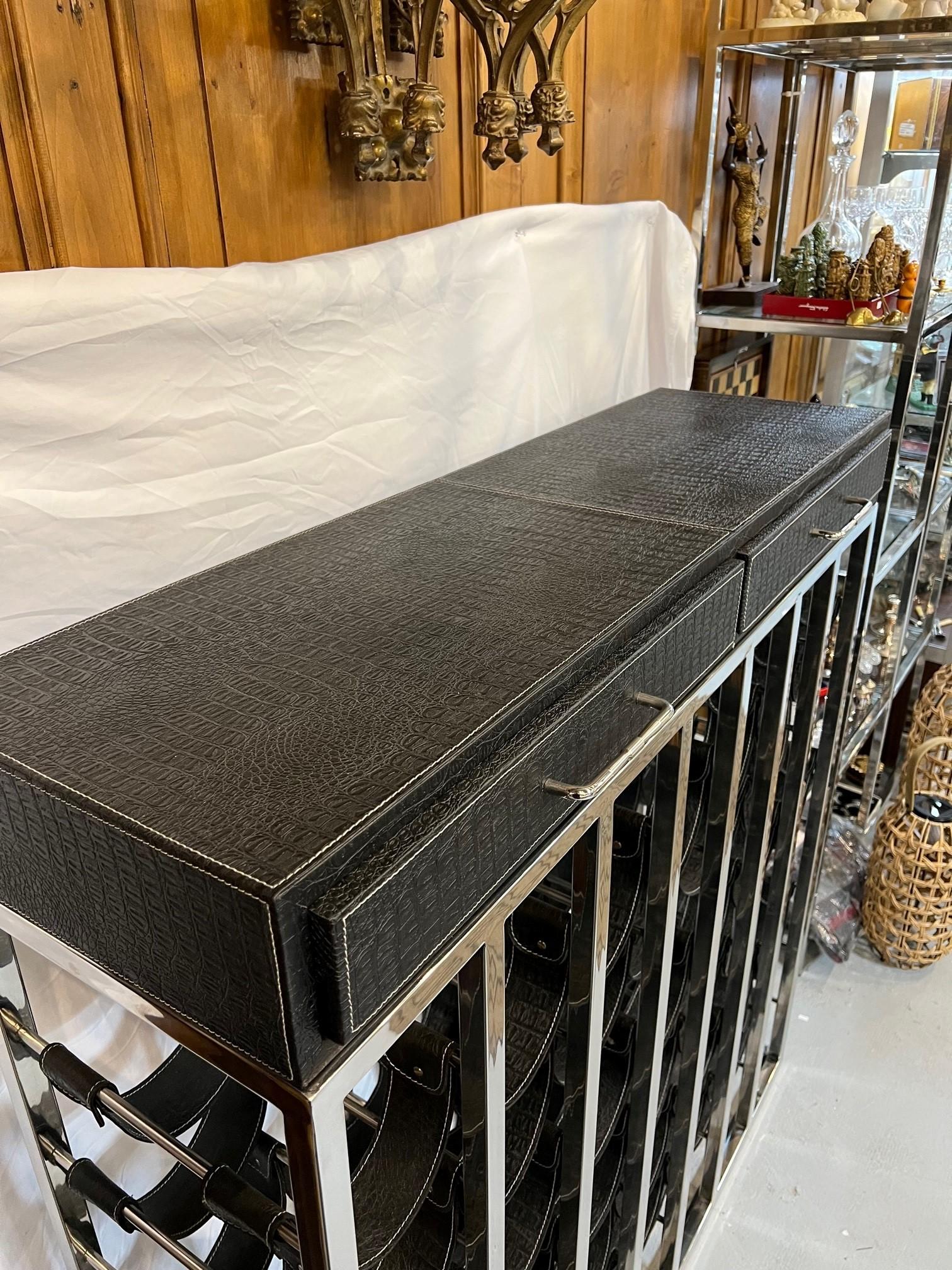 Plated Nickel Wine Rack Console with Leather Saddles for 49 Bottles and Two Drawers