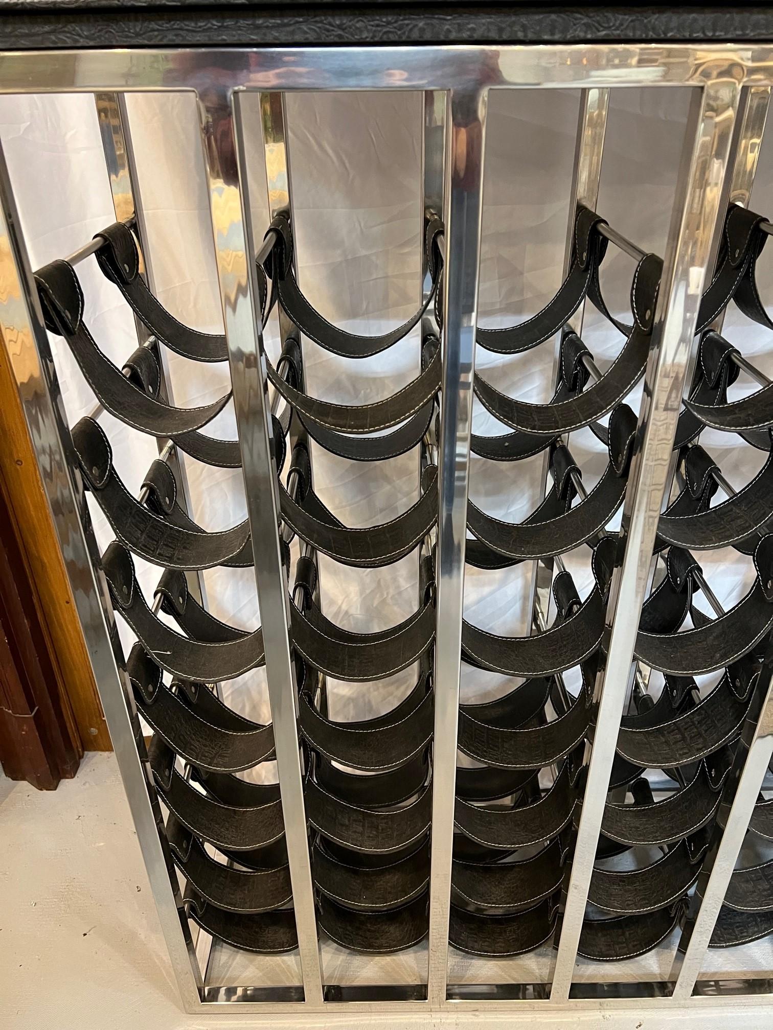 Nickel Wine Rack Console with Leather Saddles for 49 Bottles and Two Drawers In Excellent Condition In Stamford, CT