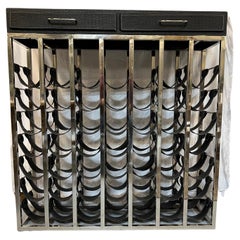 Used Nickel Wine Rack Console with Leather Saddles for 49 Bottles and Two Drawers