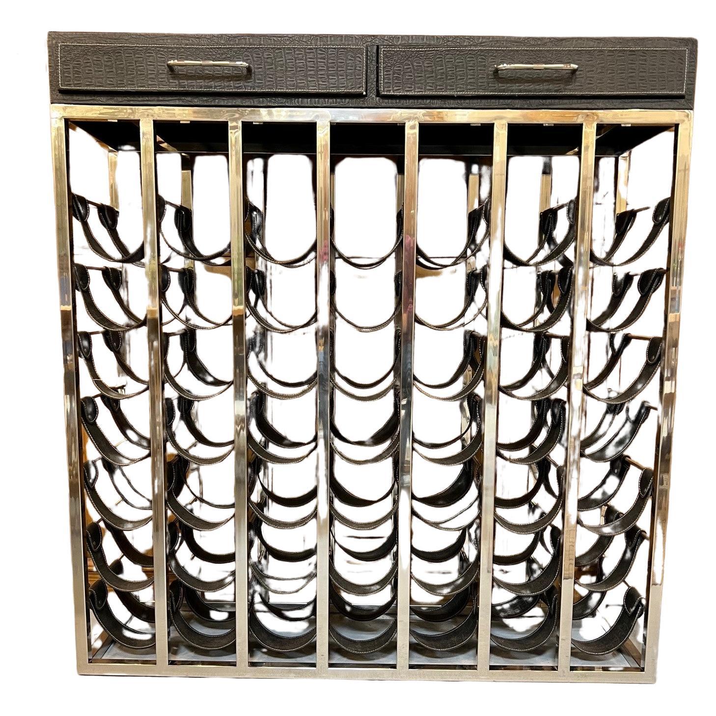 Nickel Wine Rack Console with Leather Saddles for 49 Bottles and Two Drawers For Sale