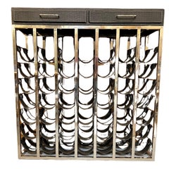 Used Nickel Wine Rack Console with Leather Saddles for 49 Bottles and Two Drawers