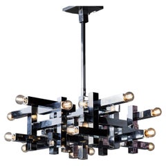 Nickeled Brass Cubist Chandelier by Gaetano Sciolari