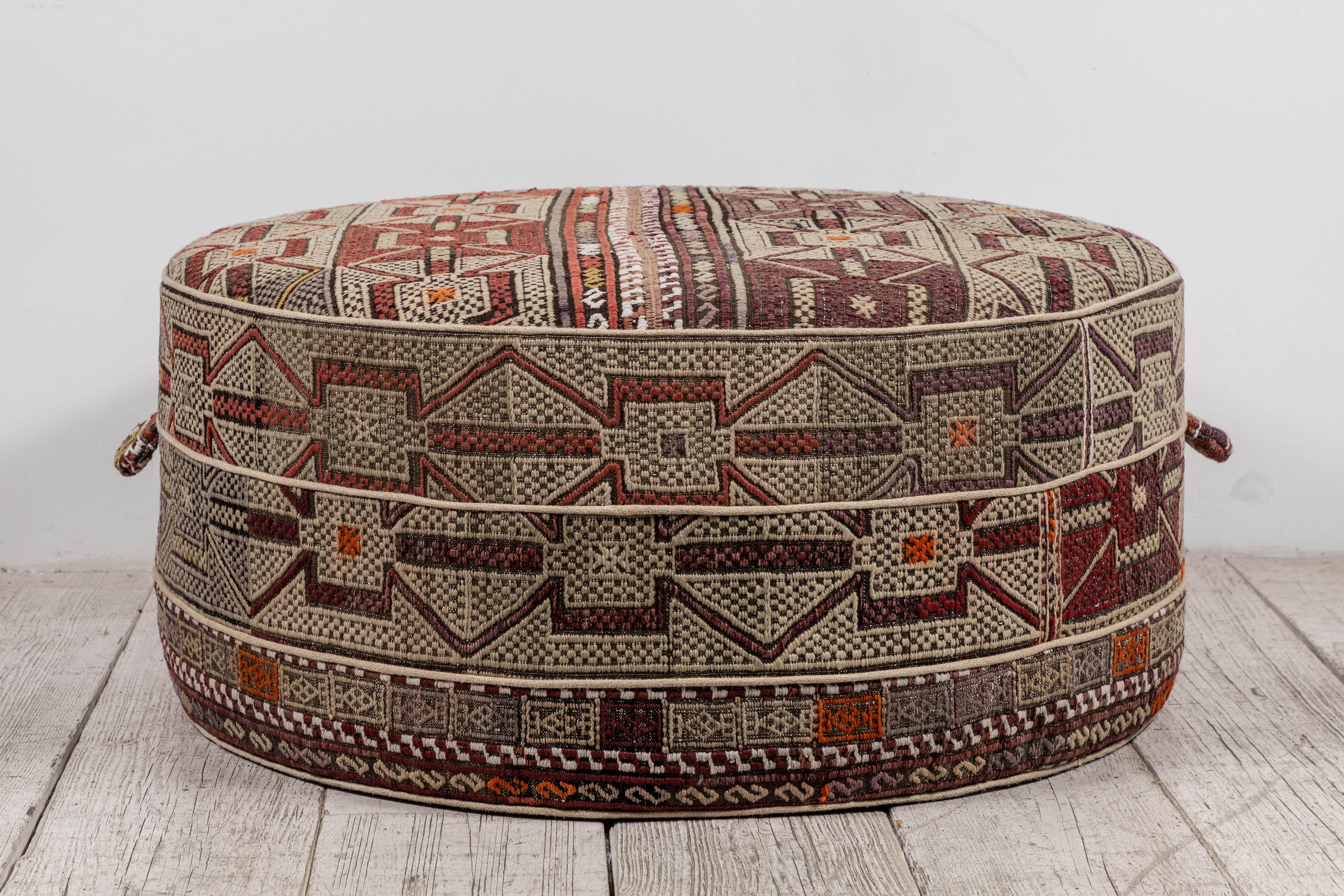 Nickey Kehoe Collection Large Round Ottoman Upholstered in Vintage Rug Textile In Excellent Condition In Los Angeles, CA