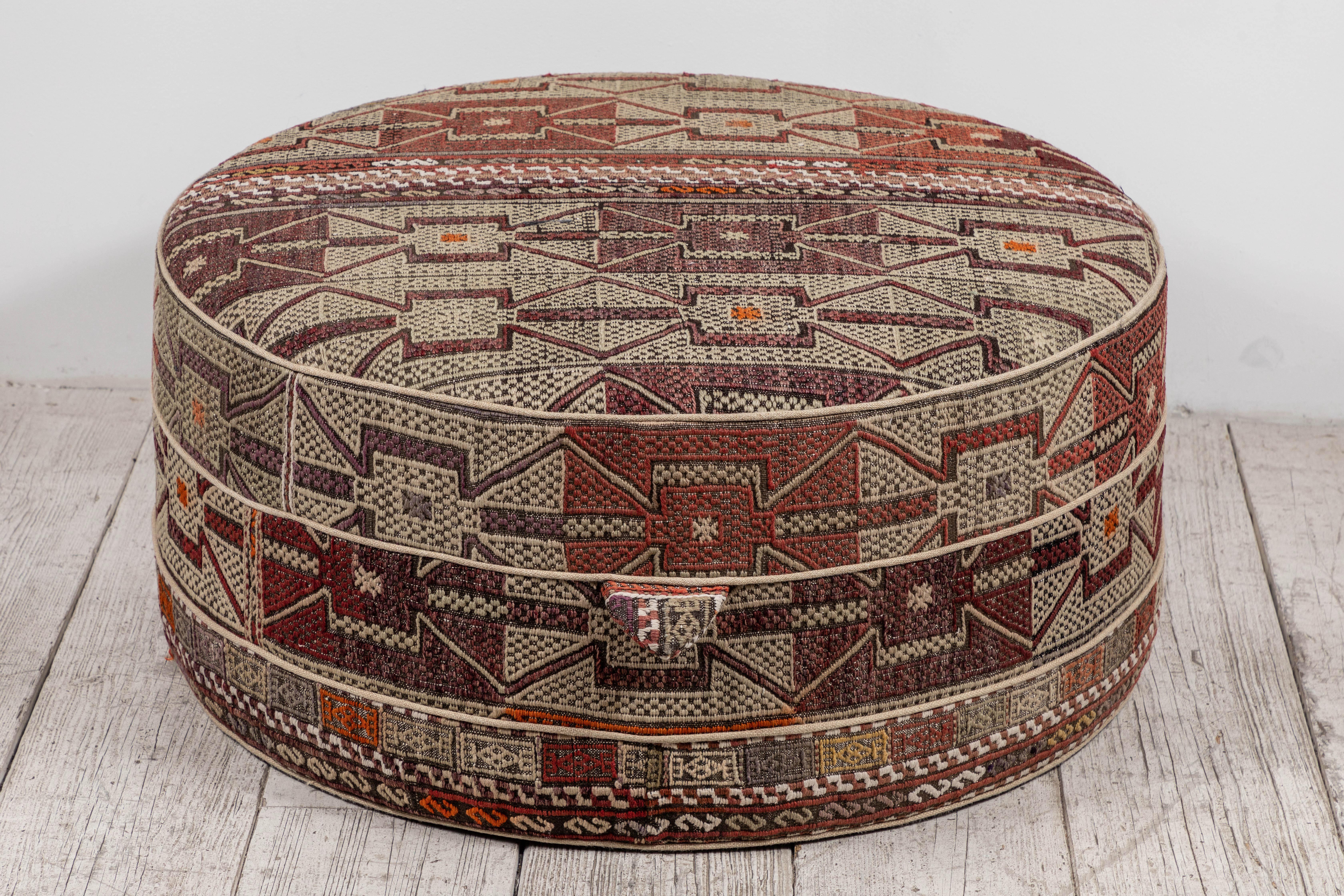 Nickey Kehoe Collection Large Round Ottoman Upholstered in Vintage Rug Textile 1