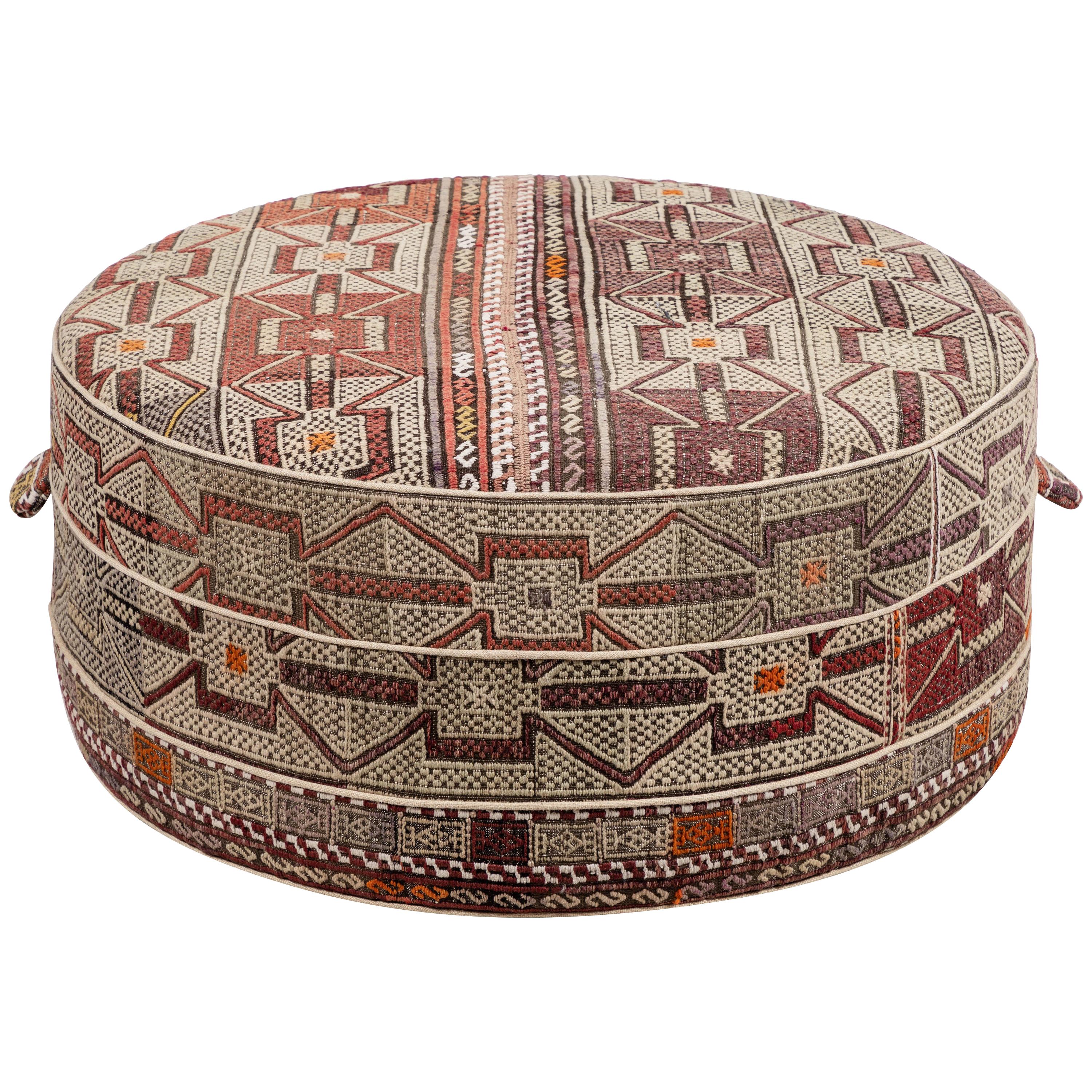 Nickey Kehoe Collection Large Round Ottoman Upholstered in Vintage Rug Textile