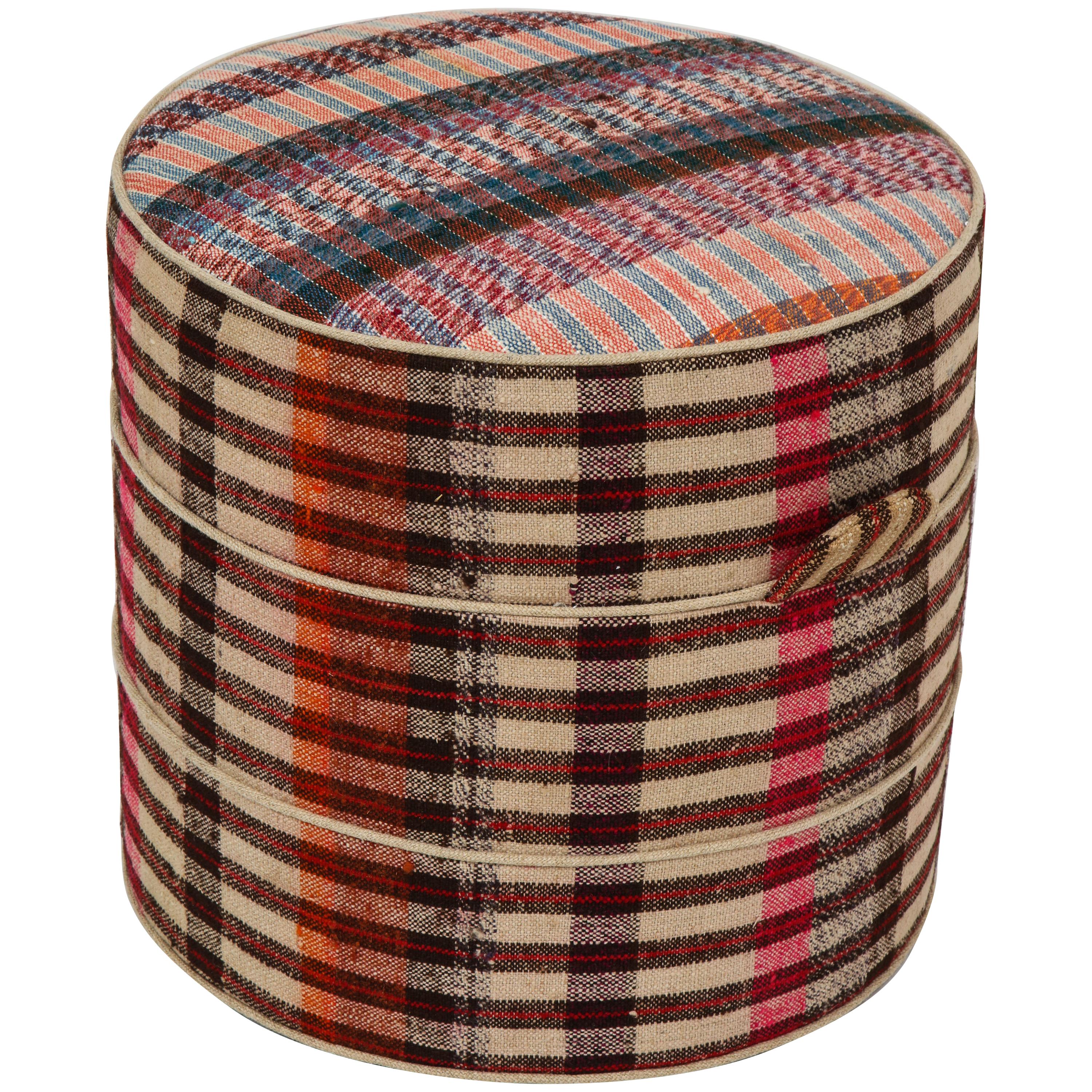 Nickey Kehoe Collection Small Round Hassock in Vintage Plaid Fabric