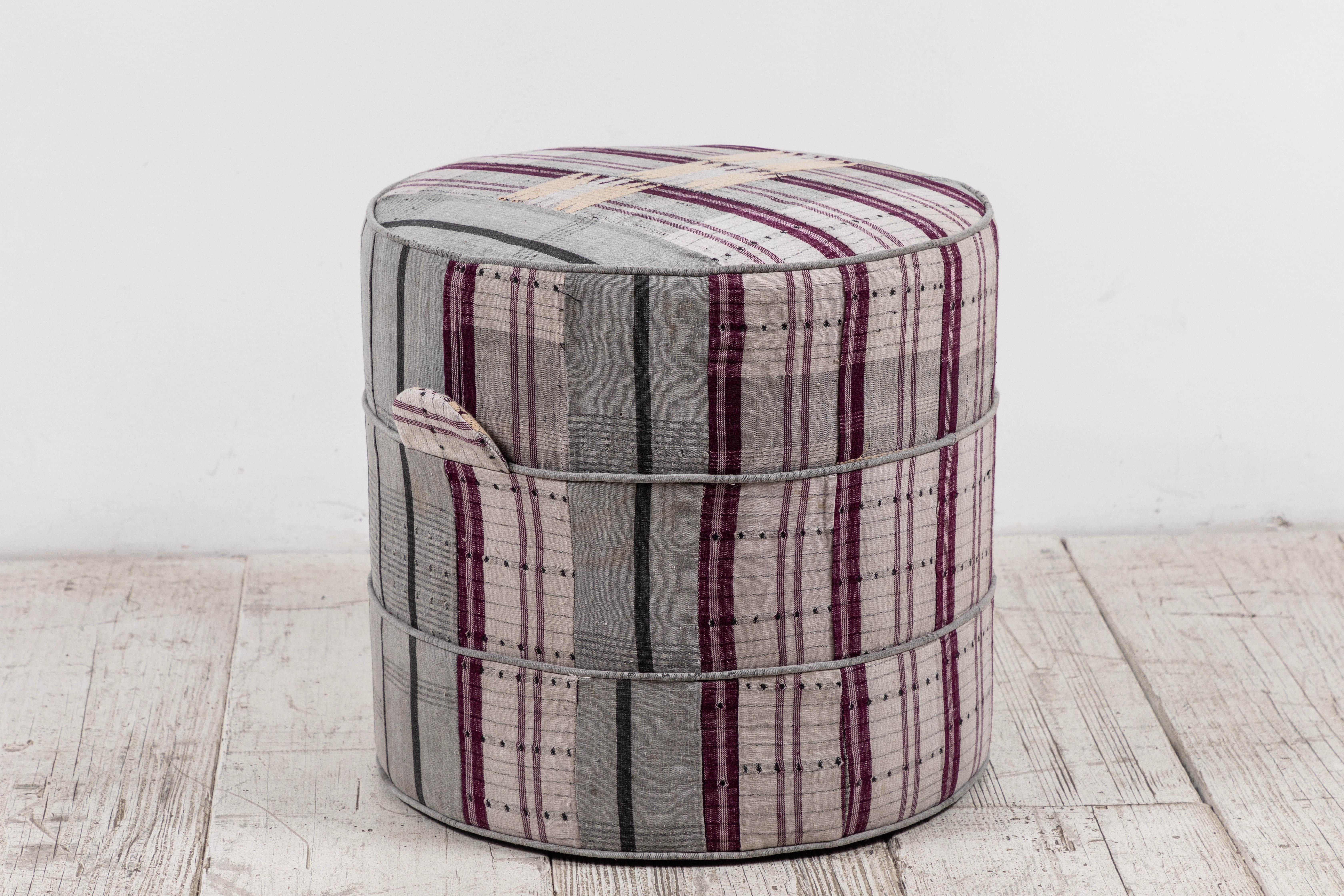 Nickey Kehoe Collection Small Round Hassock Upholstered in Vintage Fabric In Excellent Condition In Los Angeles, CA
