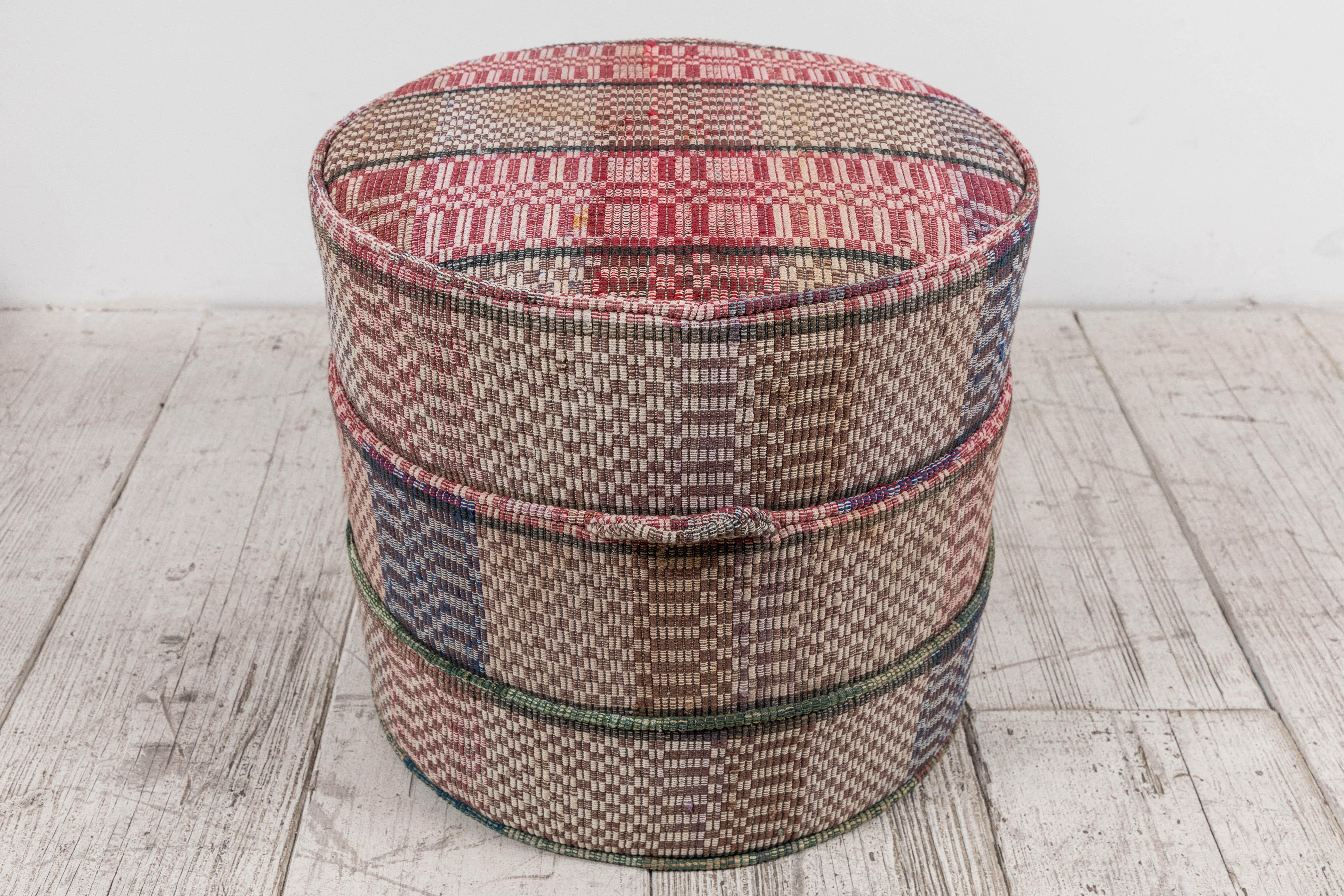 Contemporary Nickey Kehoe Collection Small Round Hassock Upholstered in Vintage Fabric