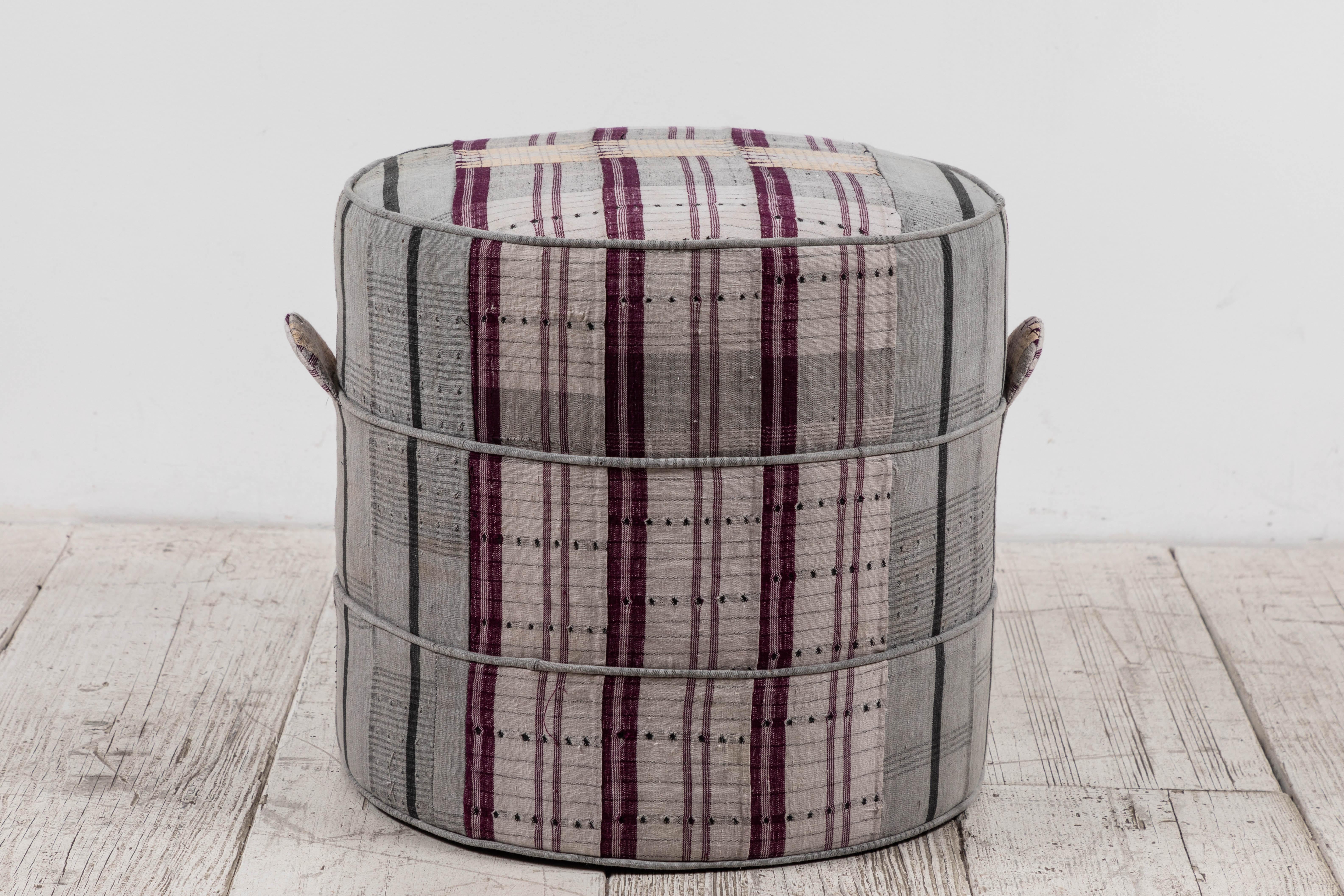 Nickey Kehoe Collection Small Round Hassock Upholstered in Vintage Fabric 2