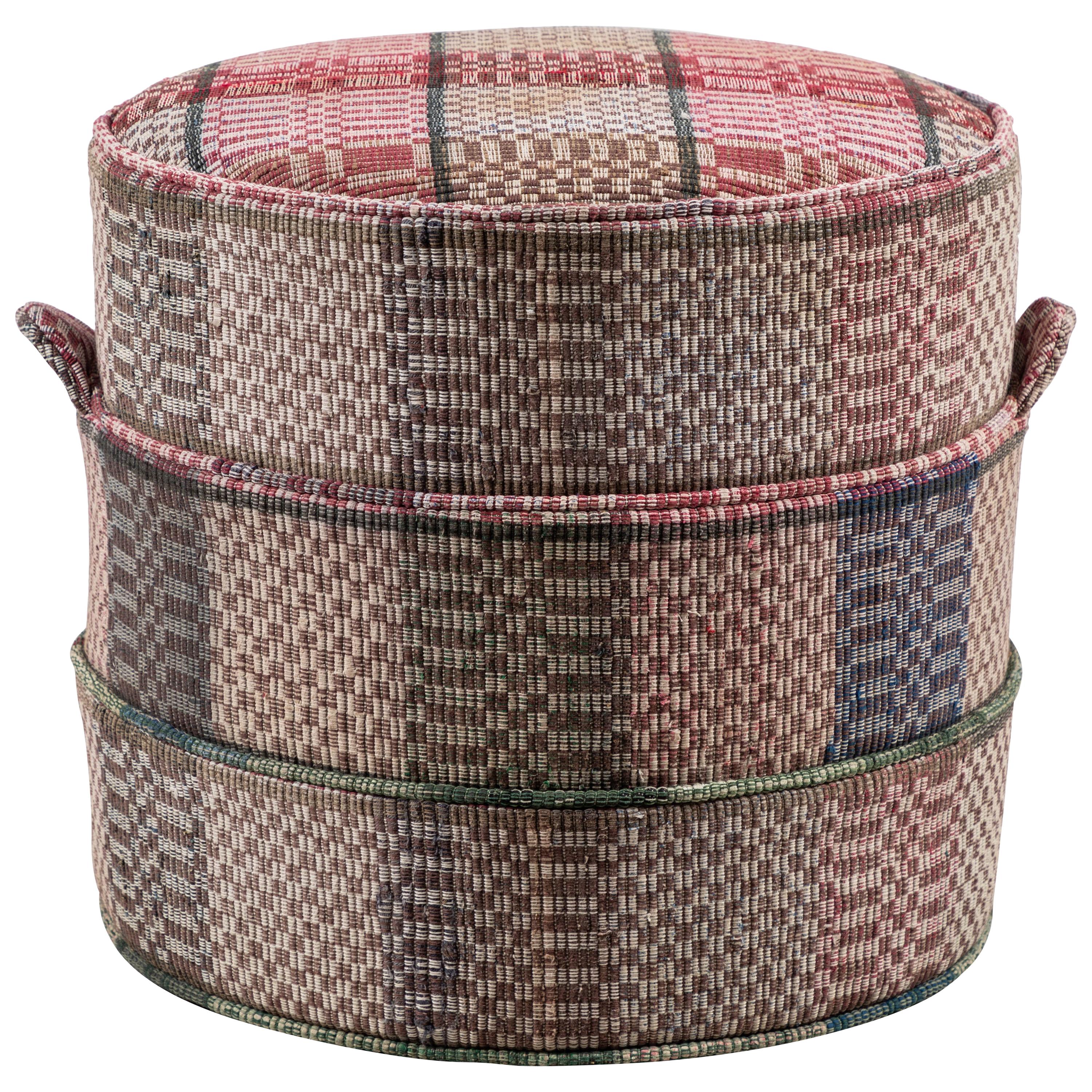 Nickey Kehoe Collection Small Round Hassock Upholstered in Vintage Fabric