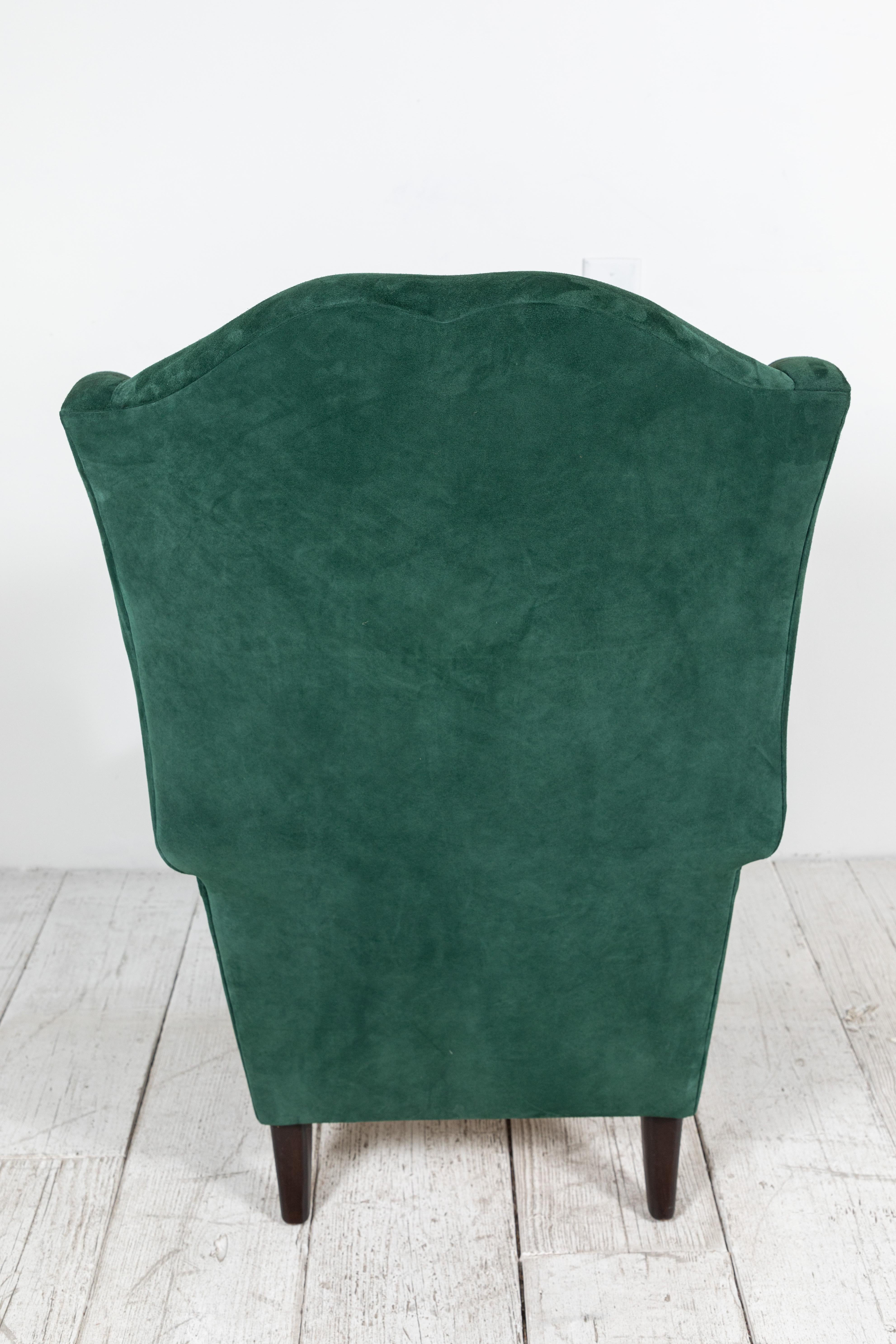 North American Nickey Kehoe Wingback Chair Upholstered in Green Suede