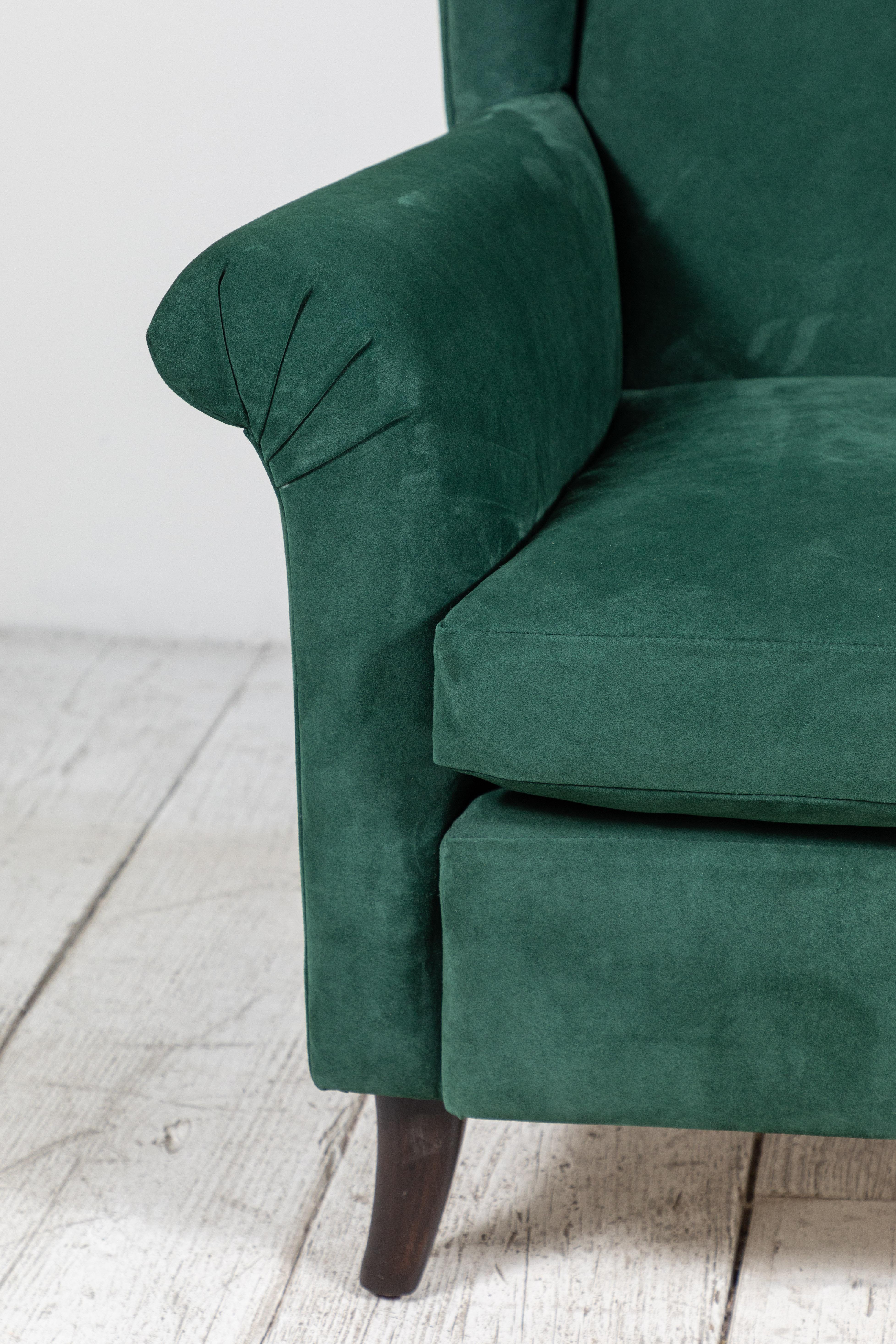 Nickey Kehoe Wingback Chair Upholstered in Green Suede In New Condition In Los Angeles, CA