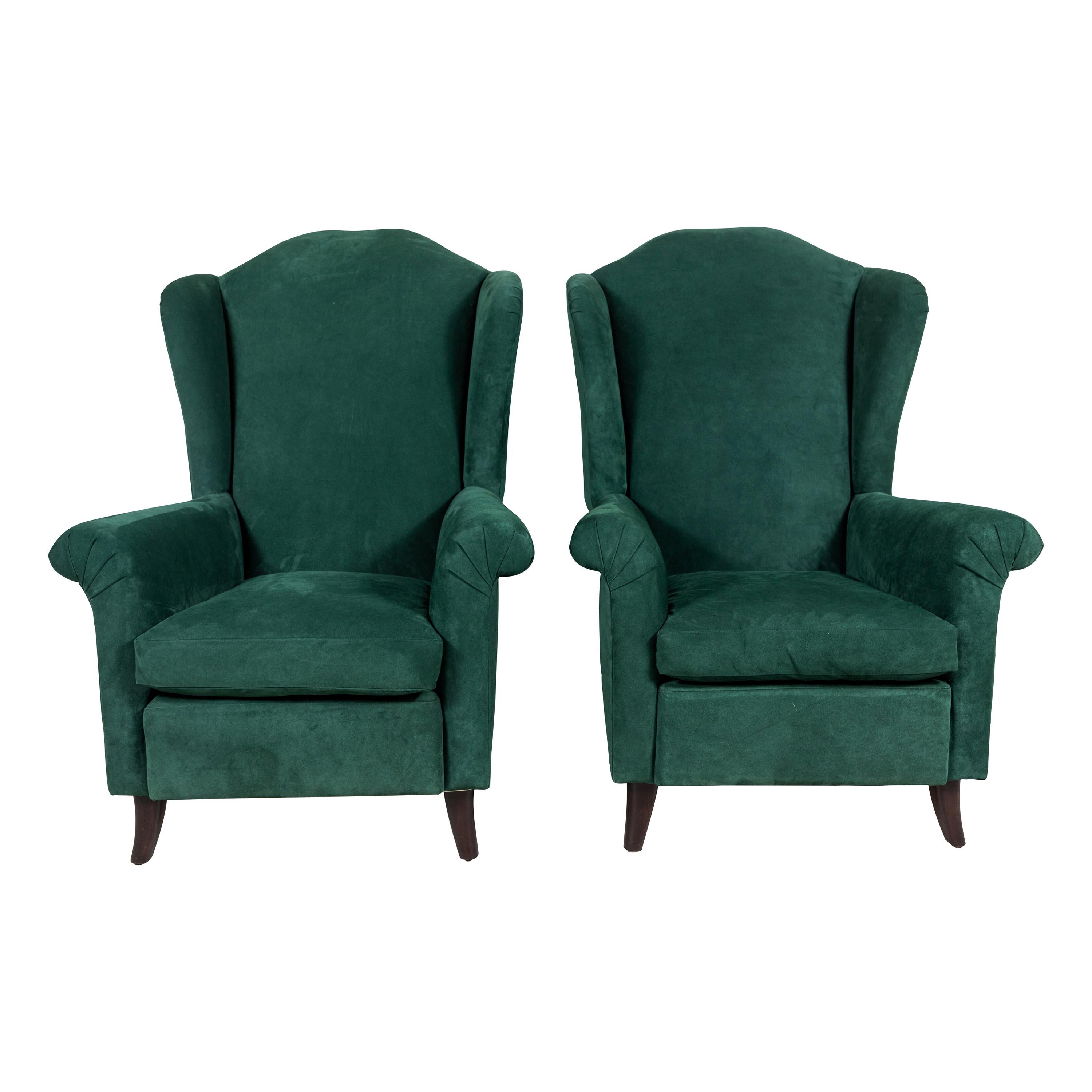 Nickey Kehoe Wingback Chair Upholstered in Green Suede