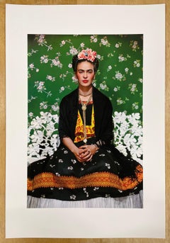 Frida on White Bench - Color Photograph, Portrait, Celebrity, Frida Kahlo