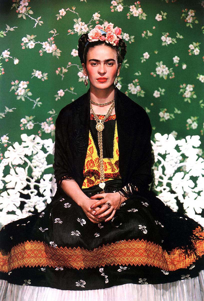 Frida on White Bench - Color Photograph, Portrait, Celebrity, Frida Kahlo
