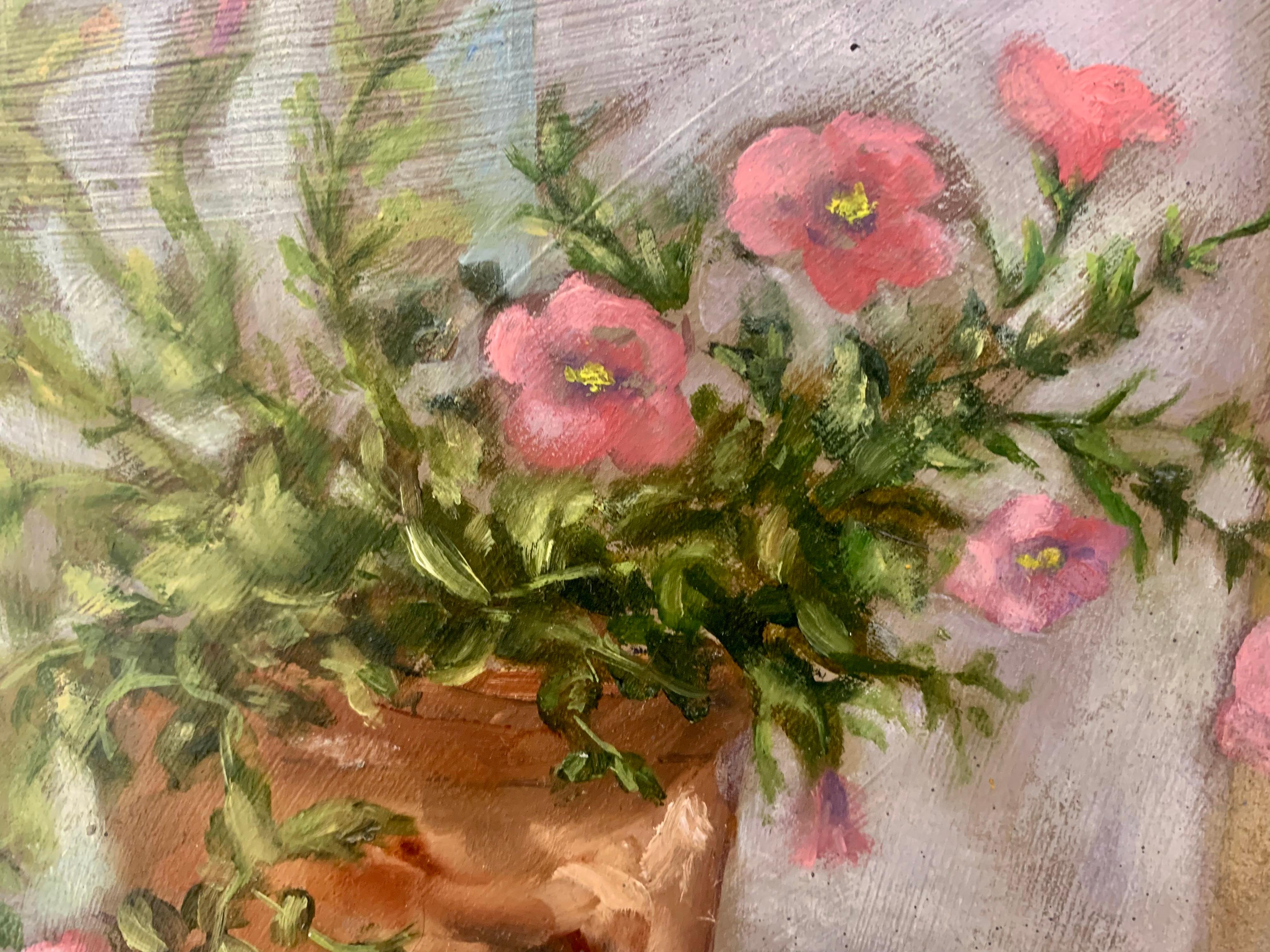 Calibrachoa - 'Baby Pink', Oil on board, flowers, floral, interior  - Painting by Nicky Bramble
