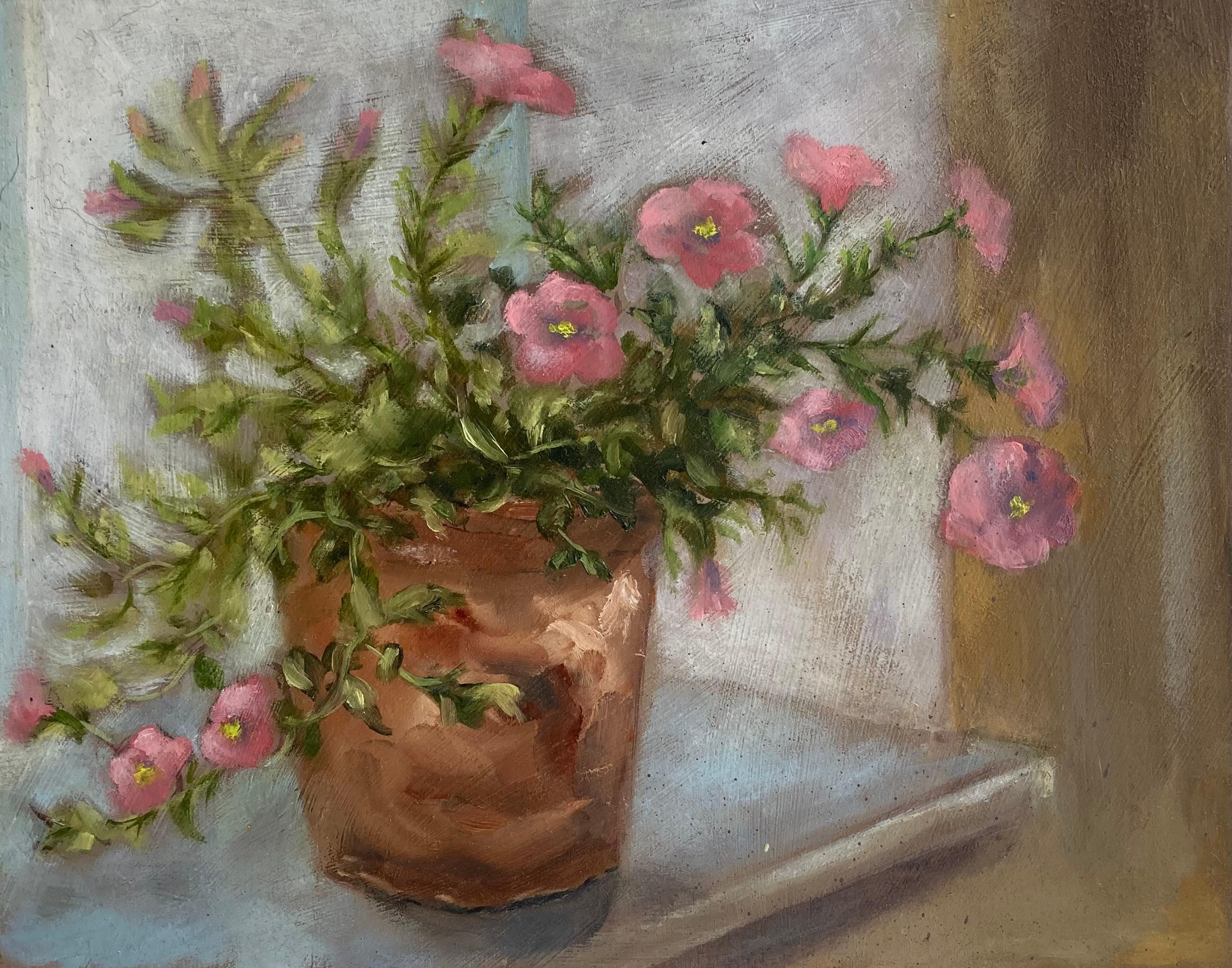 Nicky Bramble Interior Painting – Calibrachoa - „Baby Pink“, Öl auf Karton, Blumen, Inneneinrichtung 